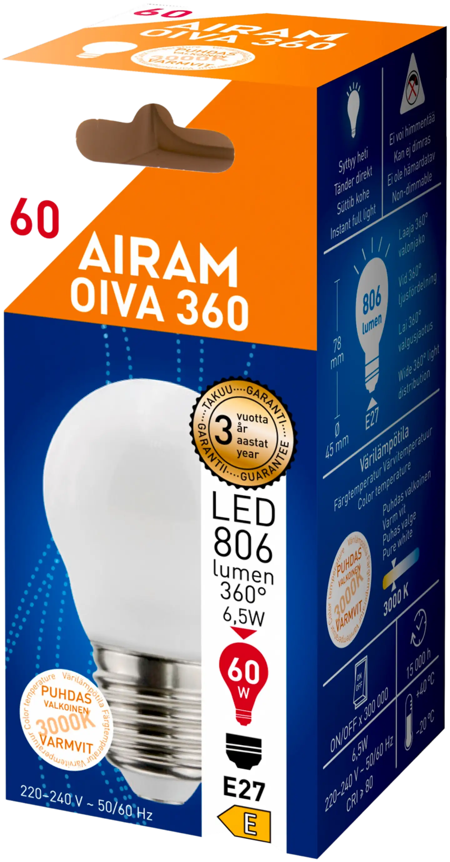 Airam LED OIVA Korist 6W 806lm 3000K E27 - 2