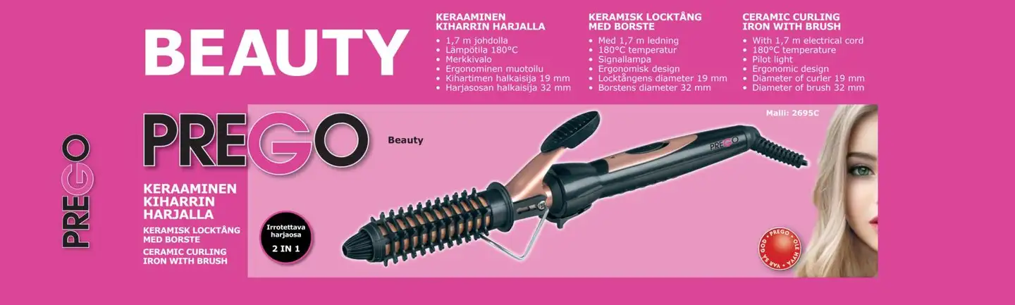 Keraaminen kuuma  kiharrin irroitettavalla Harjalla, 1,7m , 180C lämpötila, Merkkivalo, kihartimen halkasija 19mm , Harjasosan halkasija 32mm - 3