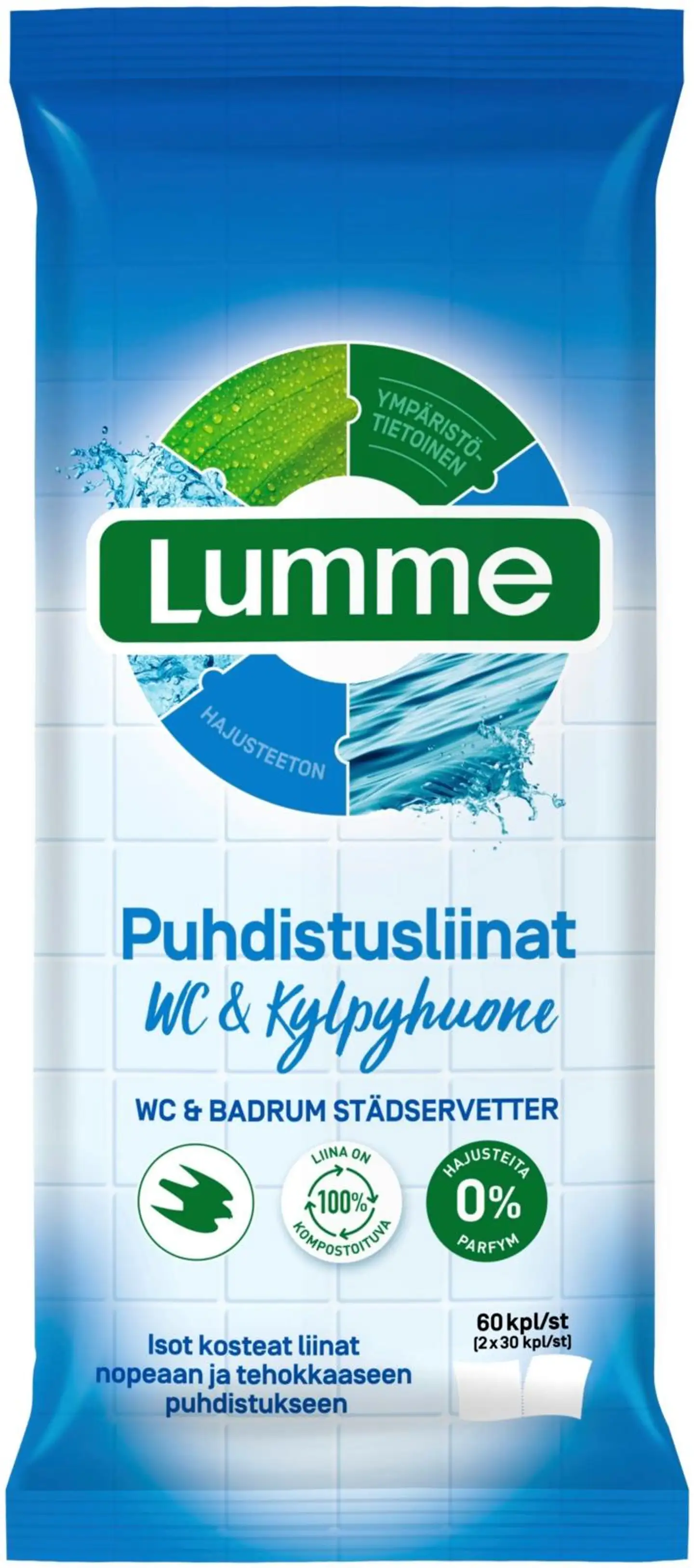 Lumme WC&Kylpyhuone kosteat puhdistusliinat hajusteeton 60kpl (2x30kpl)