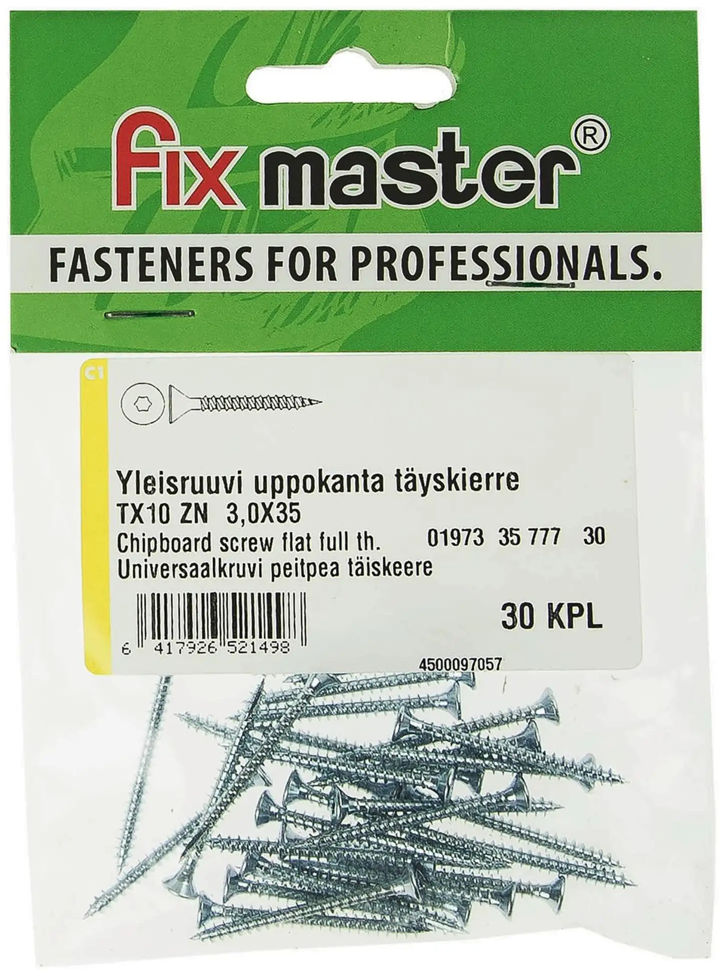 Fix Master yleisruuvi uppokanta torx10 3,0X35 sinkitty 30kpl