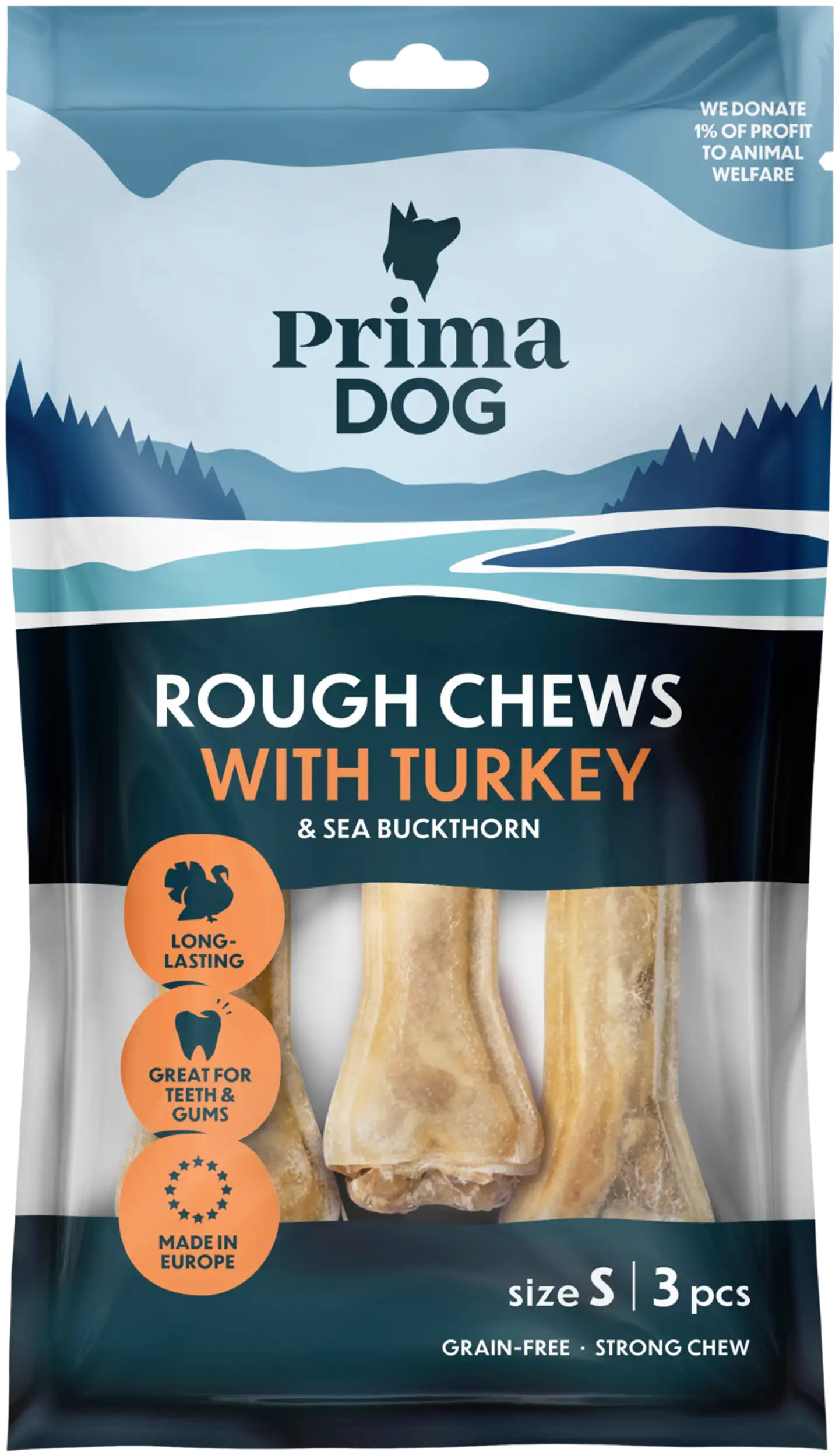 PrimaDog Rough Chews Kalkkuna-Tyrni, täytetty puruluu S 10 cm, 3 kpl, 105 g