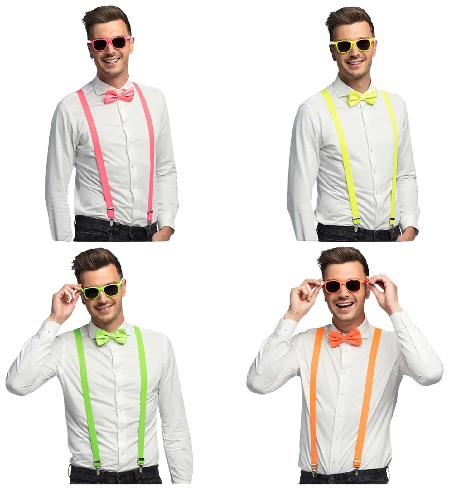 Asusetti: lasit,rusetti,henkselit neon