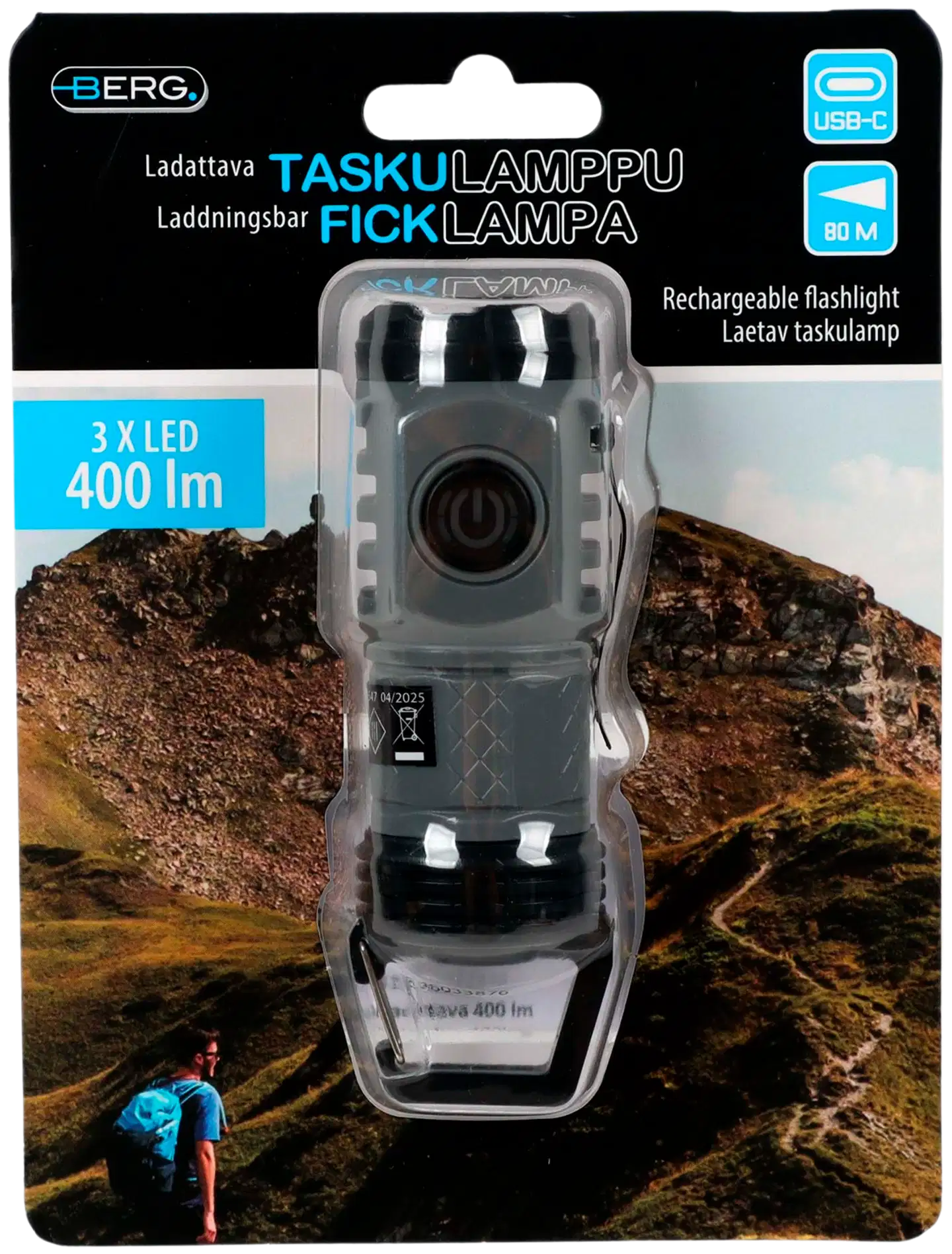 Berg Taskulamppu ladattava mini 400lm harmaa, klipsi - 10