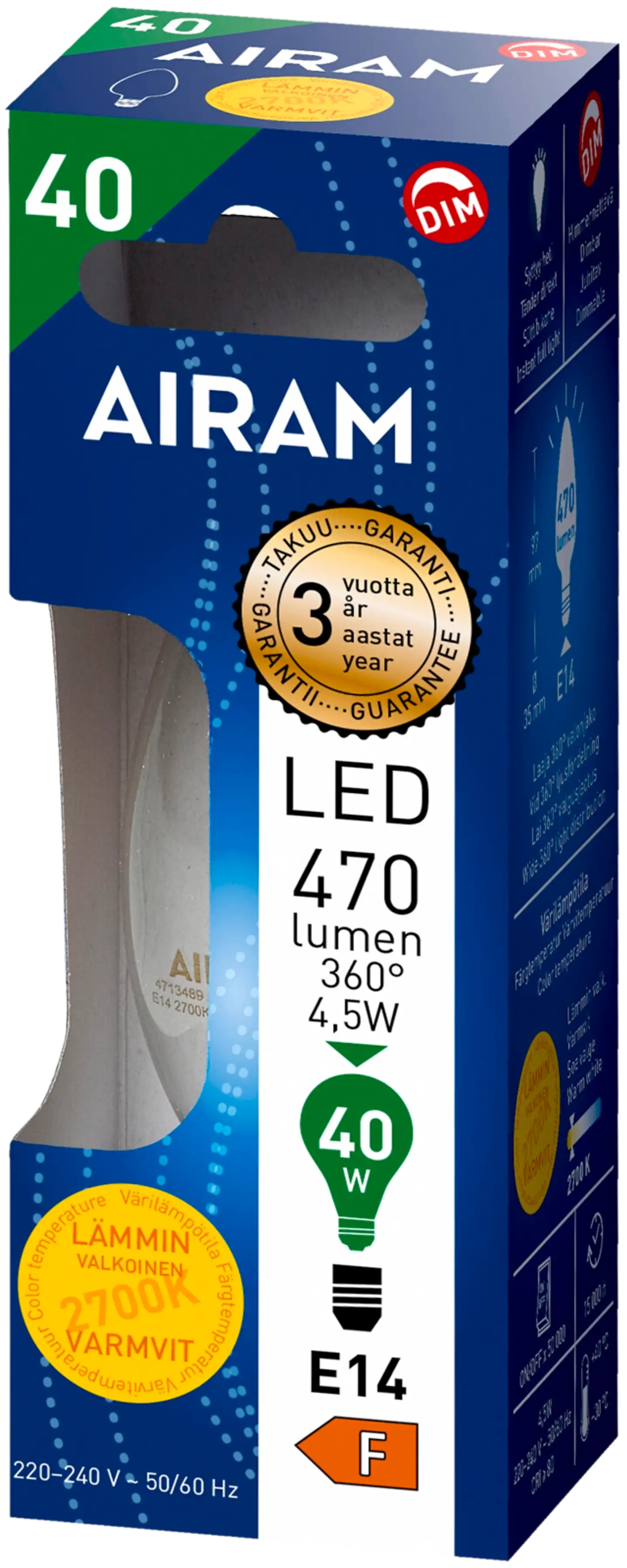 Airam LED kynttilä 4.5W E14 470LM himmennettävä kirkas filamentti - 2