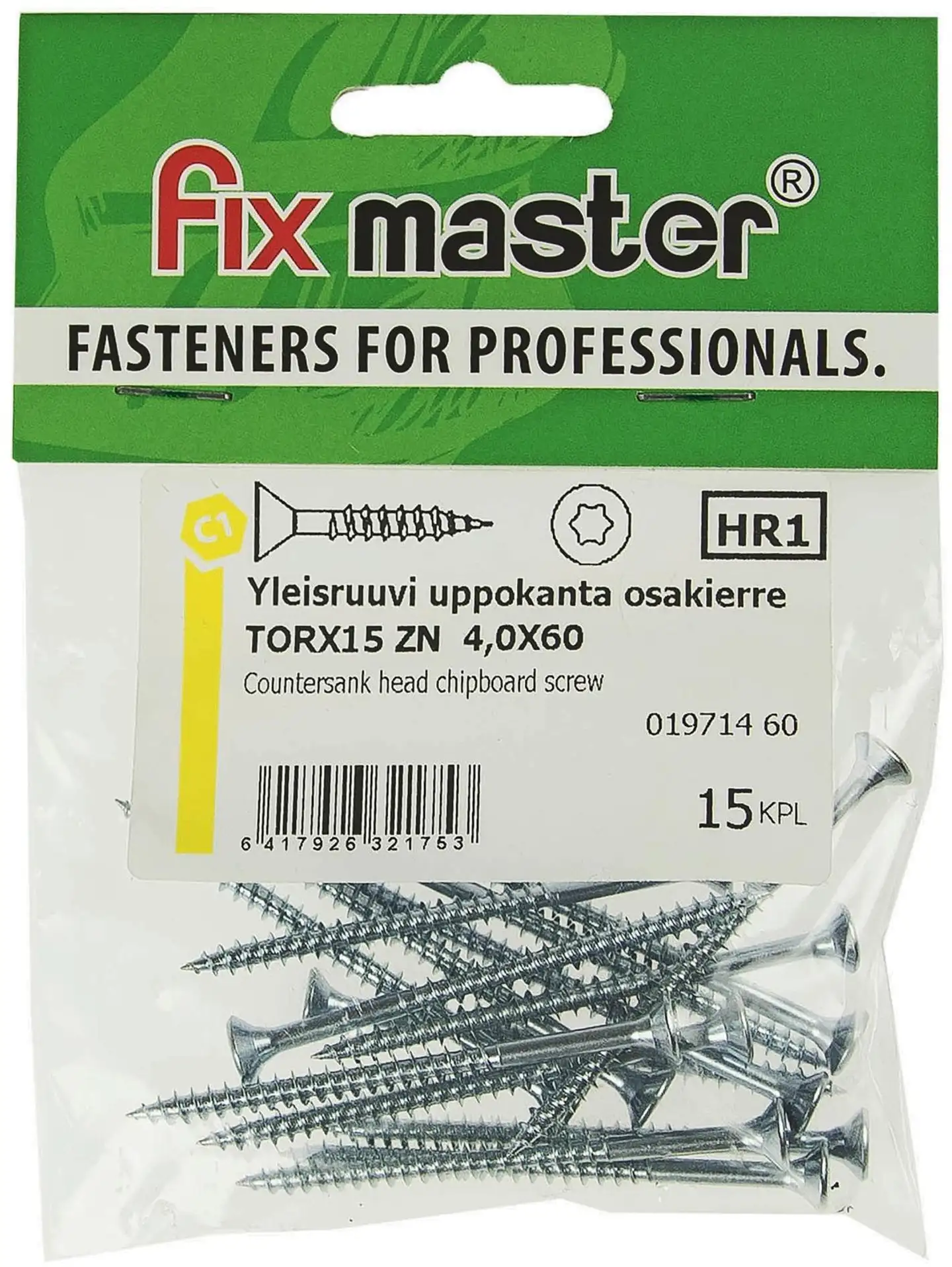 Fix Master yleisruuvi uppokanta osakierre 4,0X60 torx15 sinkitty 15kpl