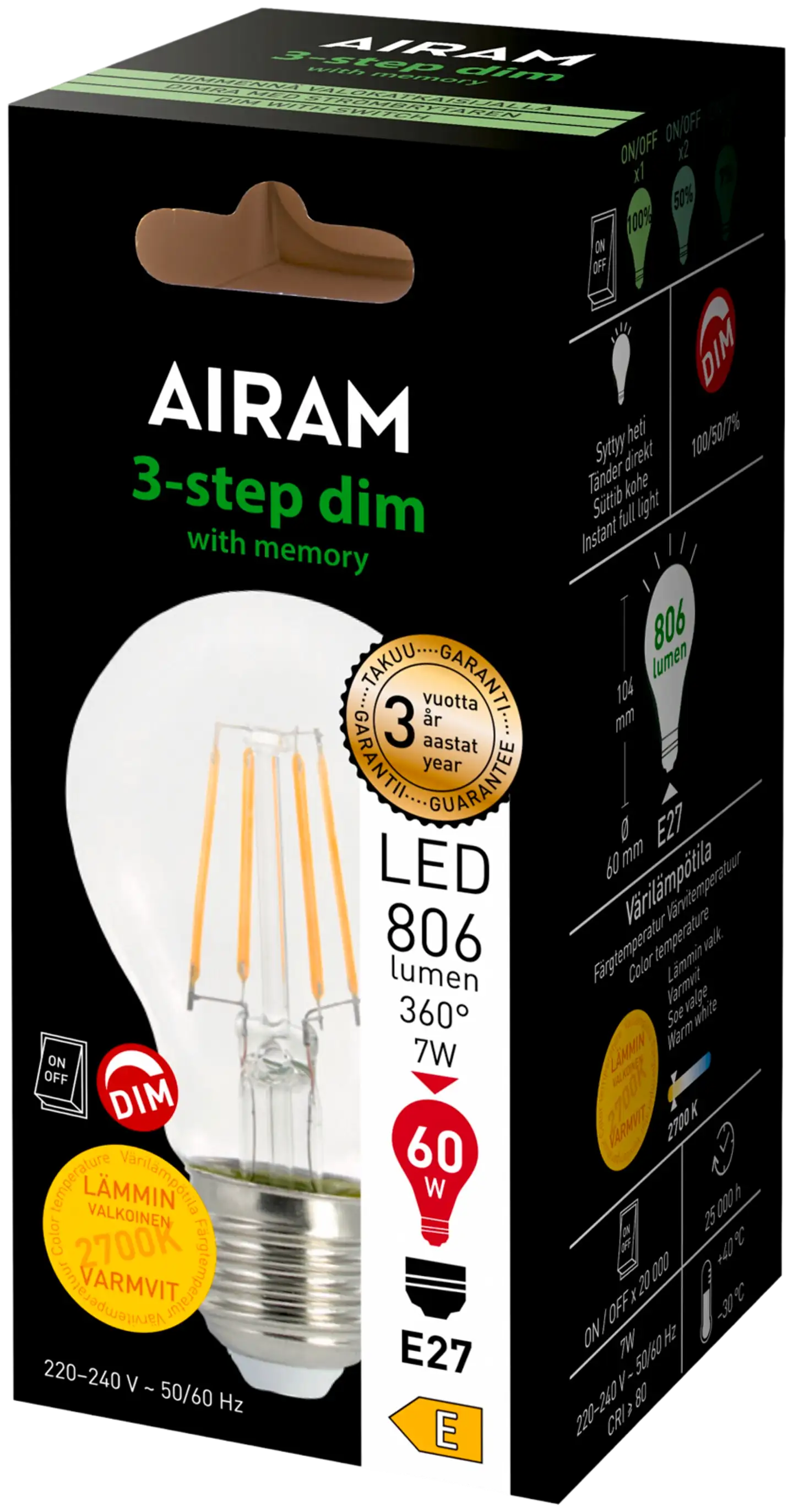 Airam LED Vakio 3-Step himmennys 7W E27 806lm - 2