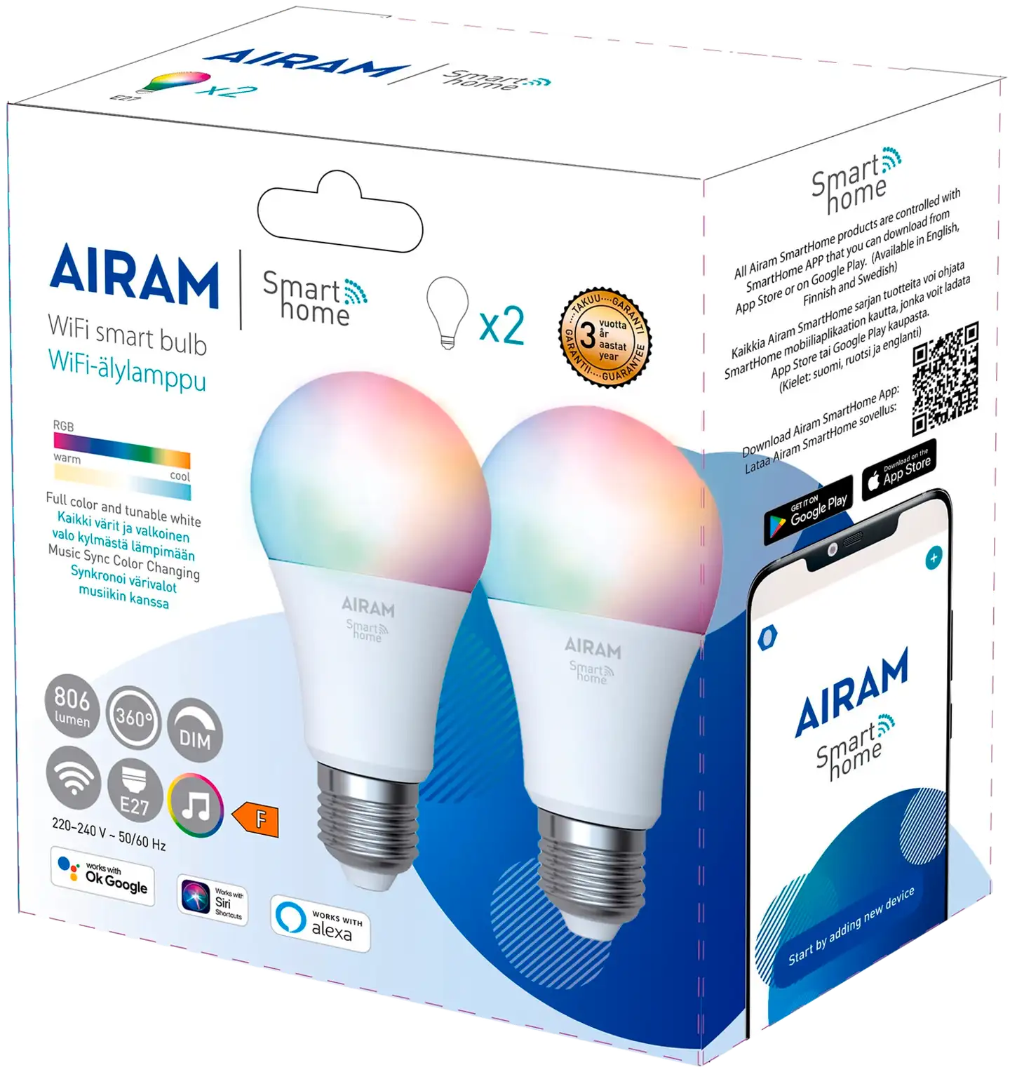 Airam vakiolamppu Smart A60 827-865 RGB 806lm E27 2BX - 2