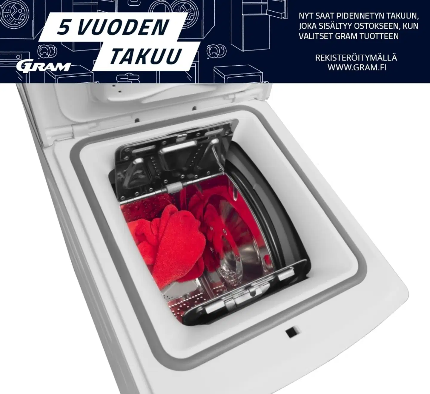 Gram päältä täytettävä pyykinpesukone WTL 21813-90 8kg valkoinen - 4
