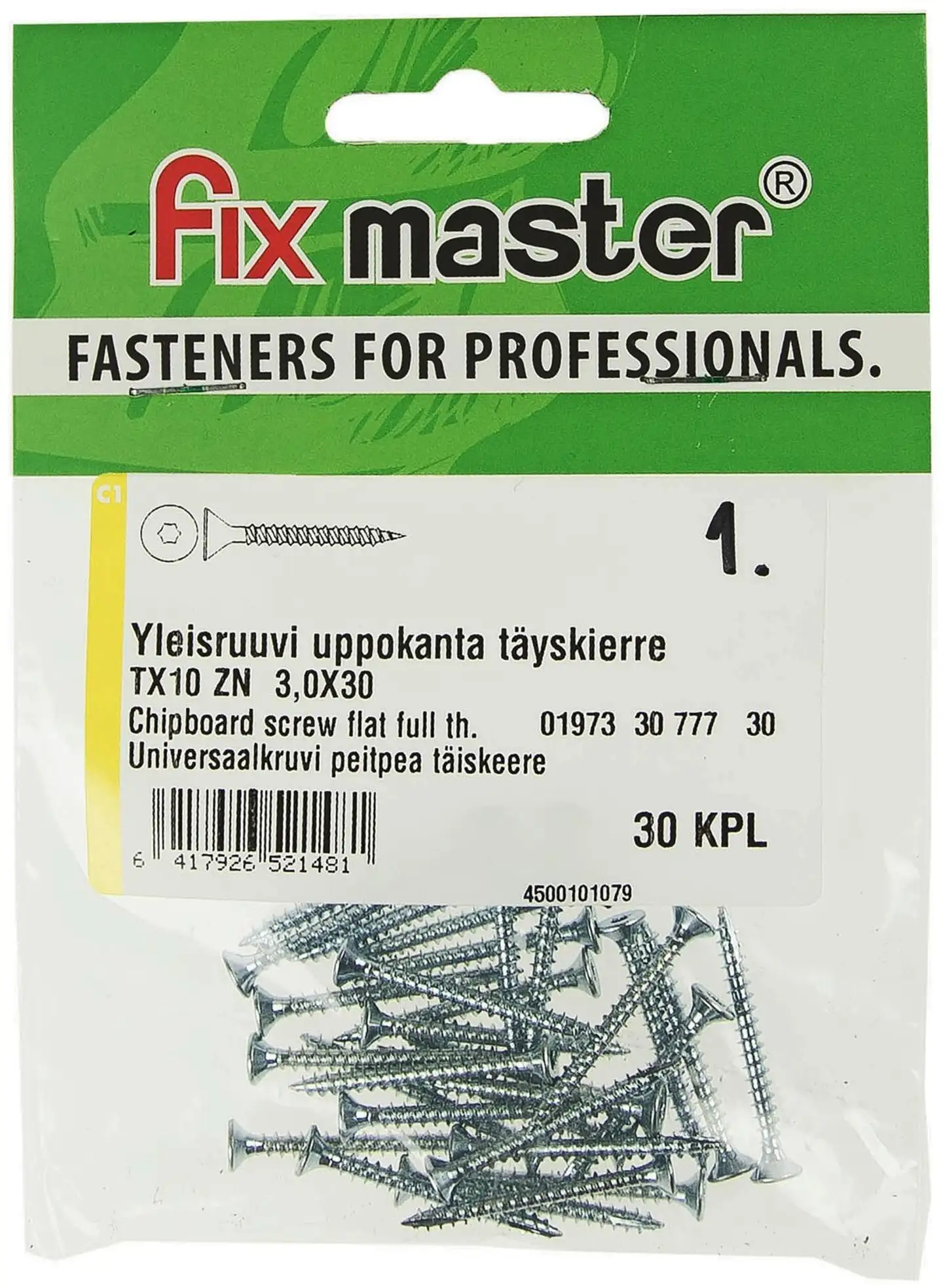 Fix Master yleisruuvi uppokanta täyskierre torx10 3,0X30 sinkitty 30kpl