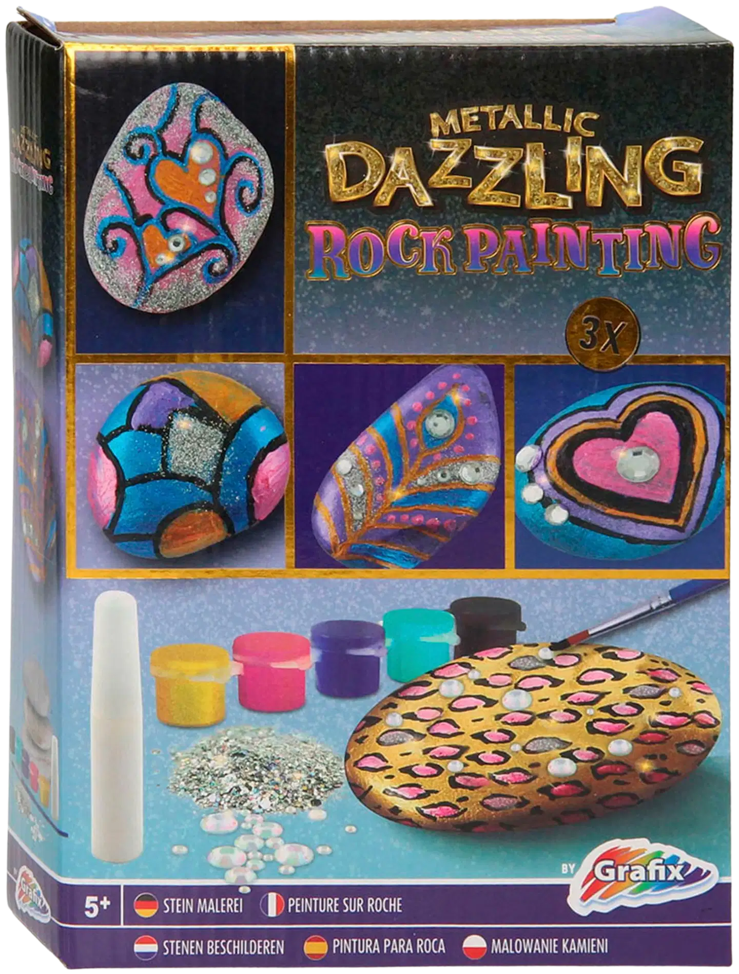 Metallic Dazzling kivien maalaus setti, 3 kiveä, 5 maalia, liima, kimalletta