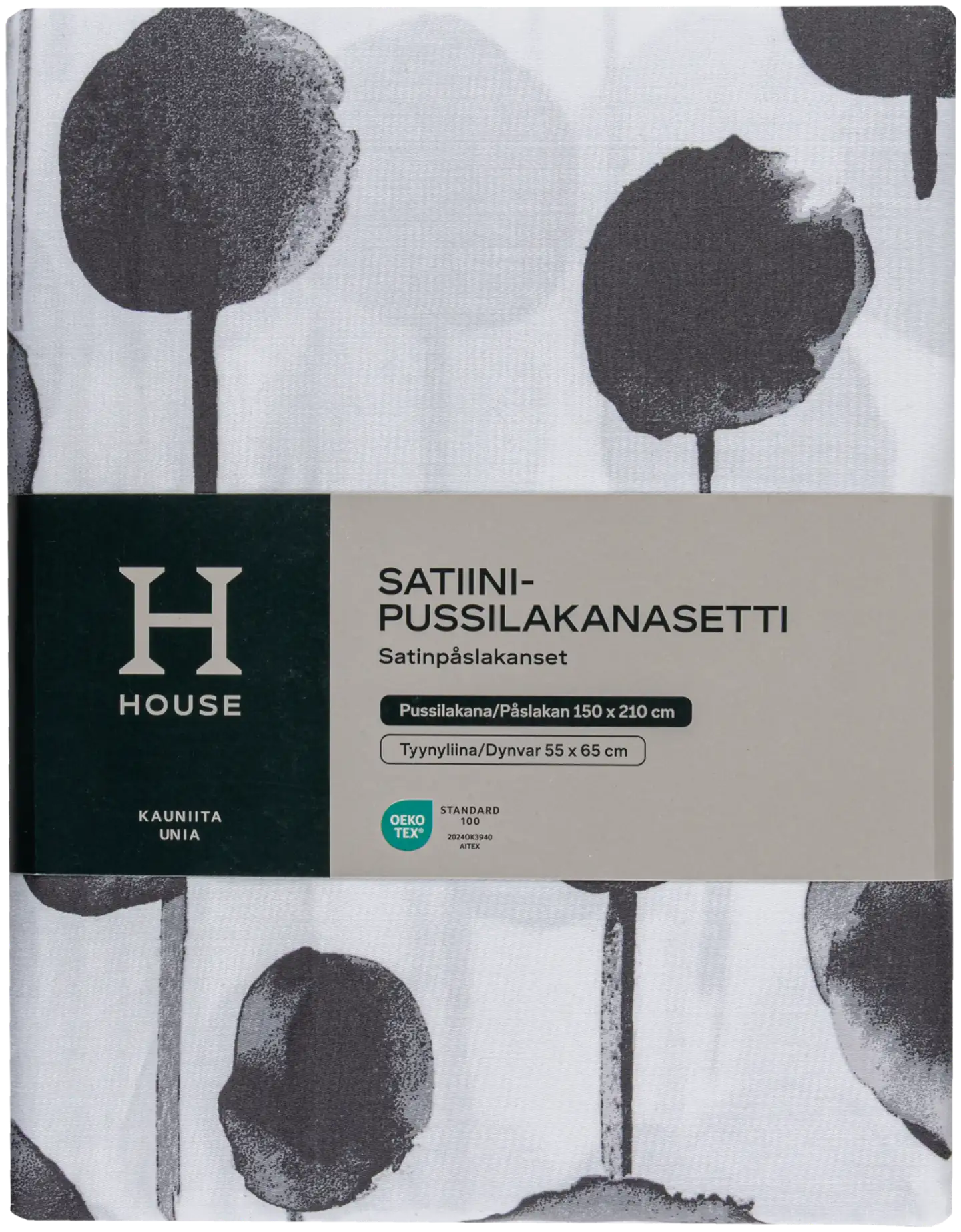 House satiinipussilakanasetti Poppy - Mustavalkoinen - 2