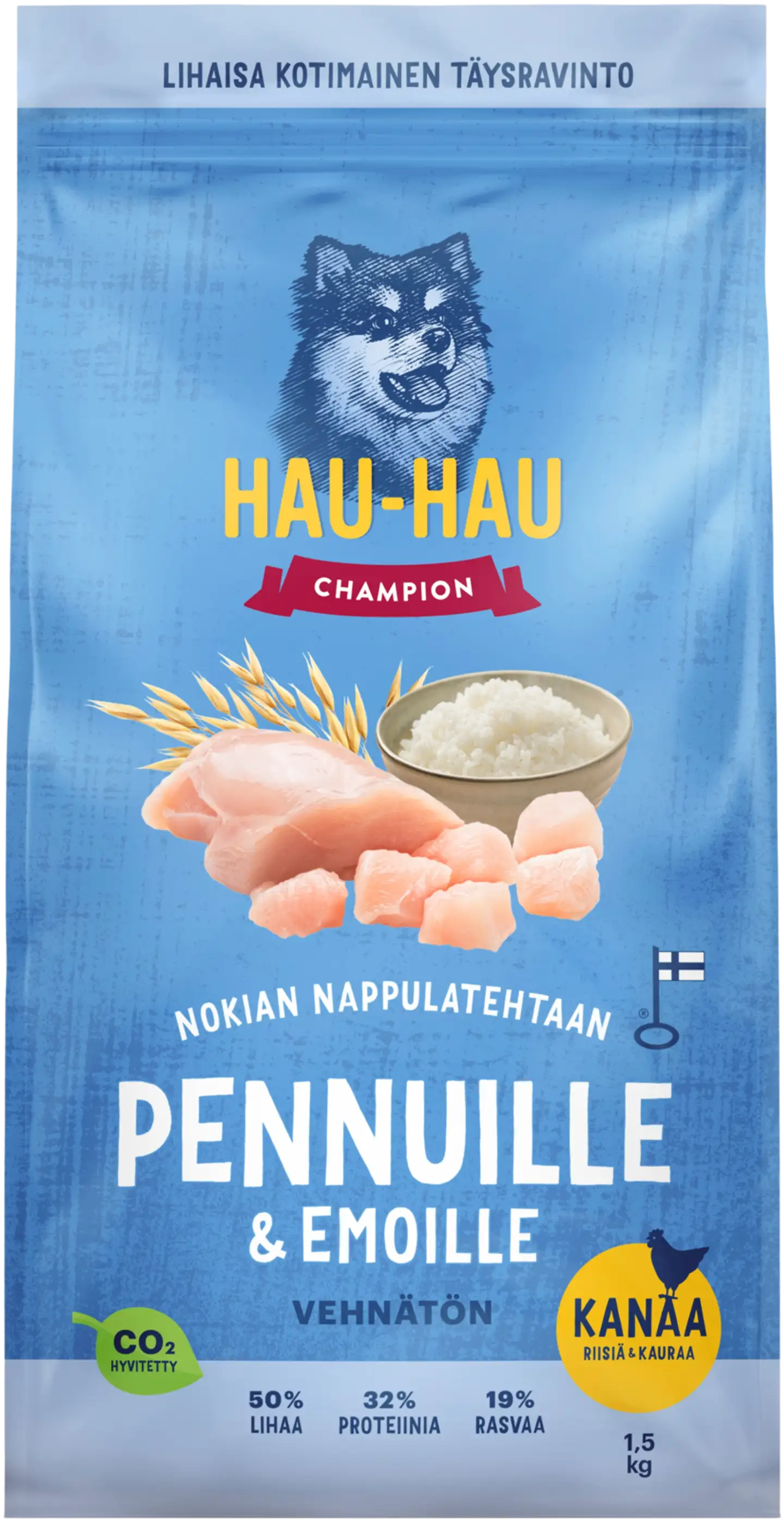 Hau-Hau Champion Nokian Nappulatehtaan Kanaa, riisiä & kauraa täysravinto pennuille ja emoille 1,5 kg