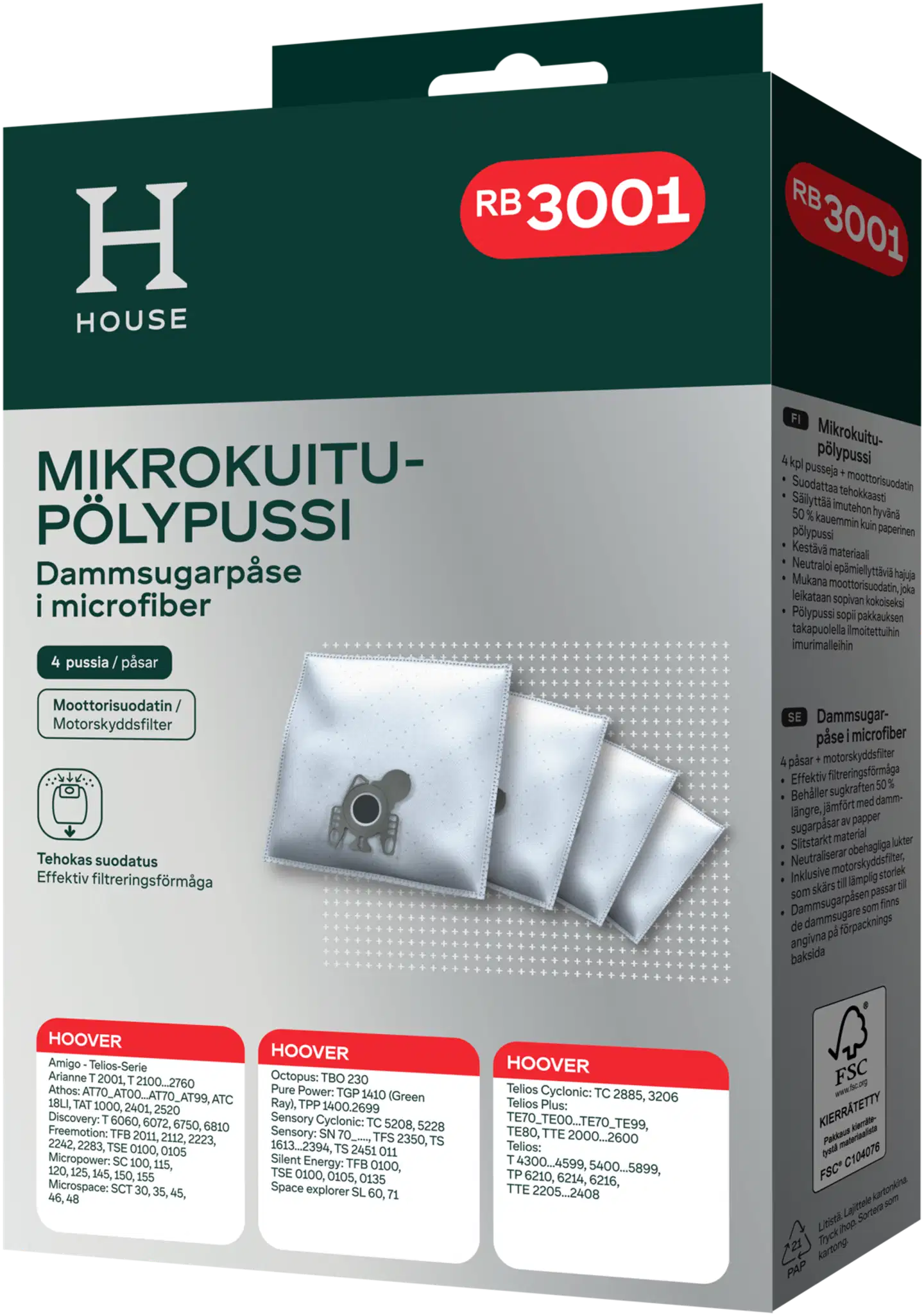 House RB3001 pölypussi 4 kpl + moottorisuodatin - 1