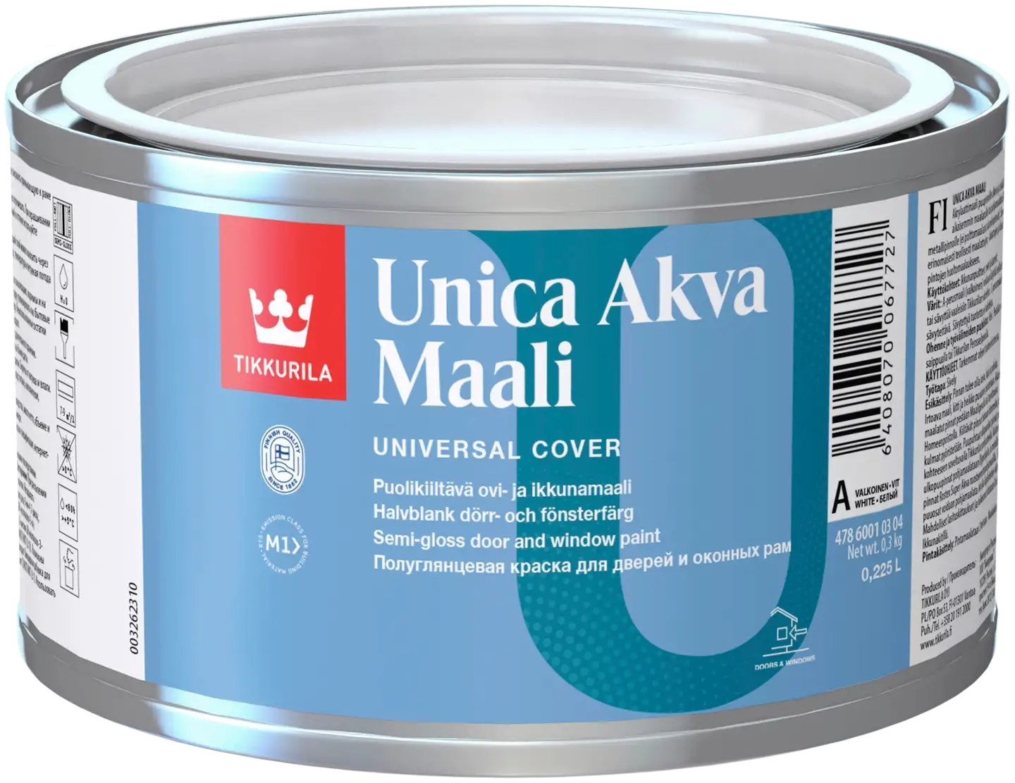 Tikkurila ovi- ja ikkunamaali Unica Akva Maali 0,225 l A valkoinen sävytettävissä