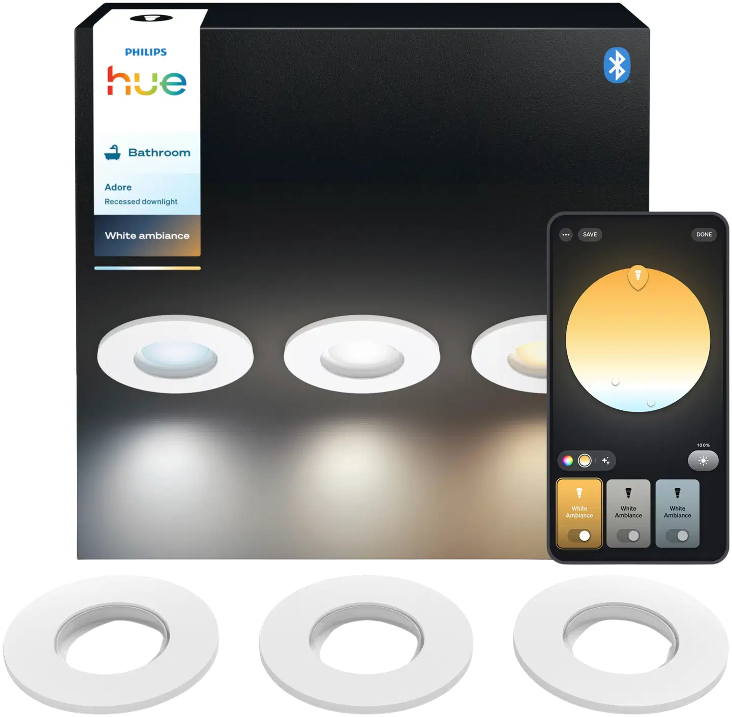 Philips Hue Adore -upotettu alasvalo kylpyhuoneeseen 4.2W 2000-6500K 400LM valkoinen 3 kappaletta - 1