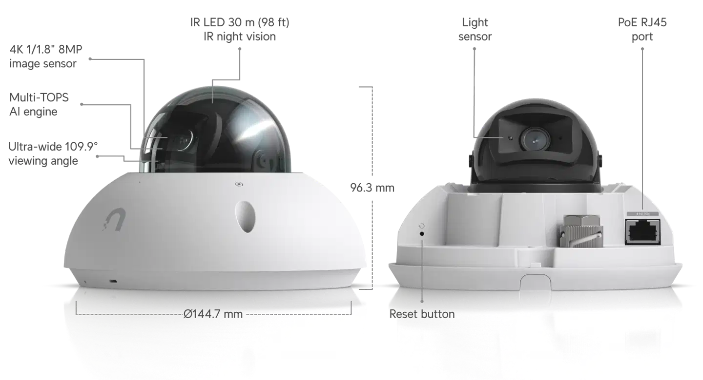 Ubiquiti sääsuojattu ilkivaltasuojattu 4K PoE -kupukamera pitkän kantaman IR-yönäöllä UVC-G6-Dome-W valkoinen - 16