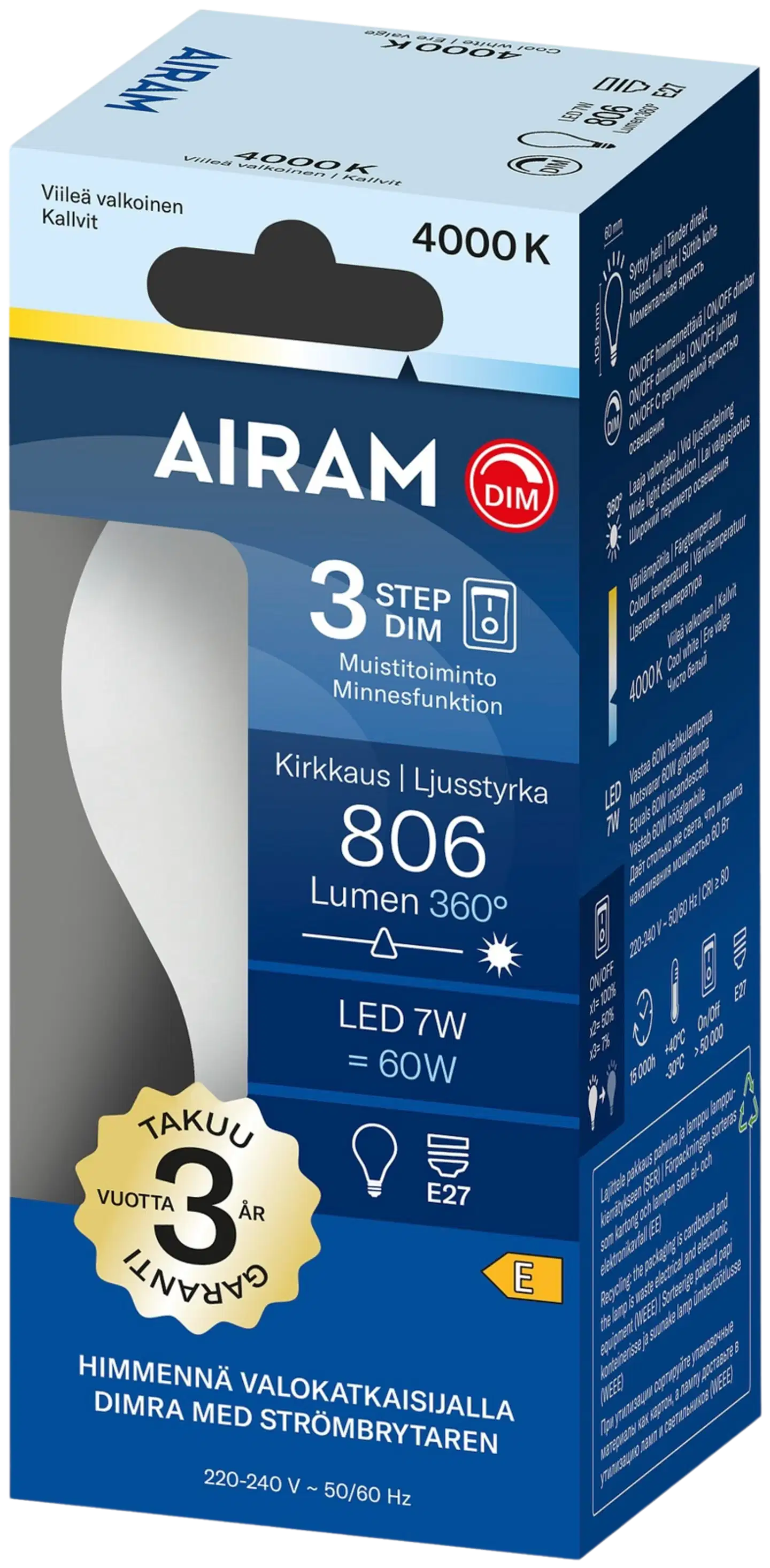 Airam LED Otso 3-step opaali 360° vakiokupu E27 4000K 806lm - 2