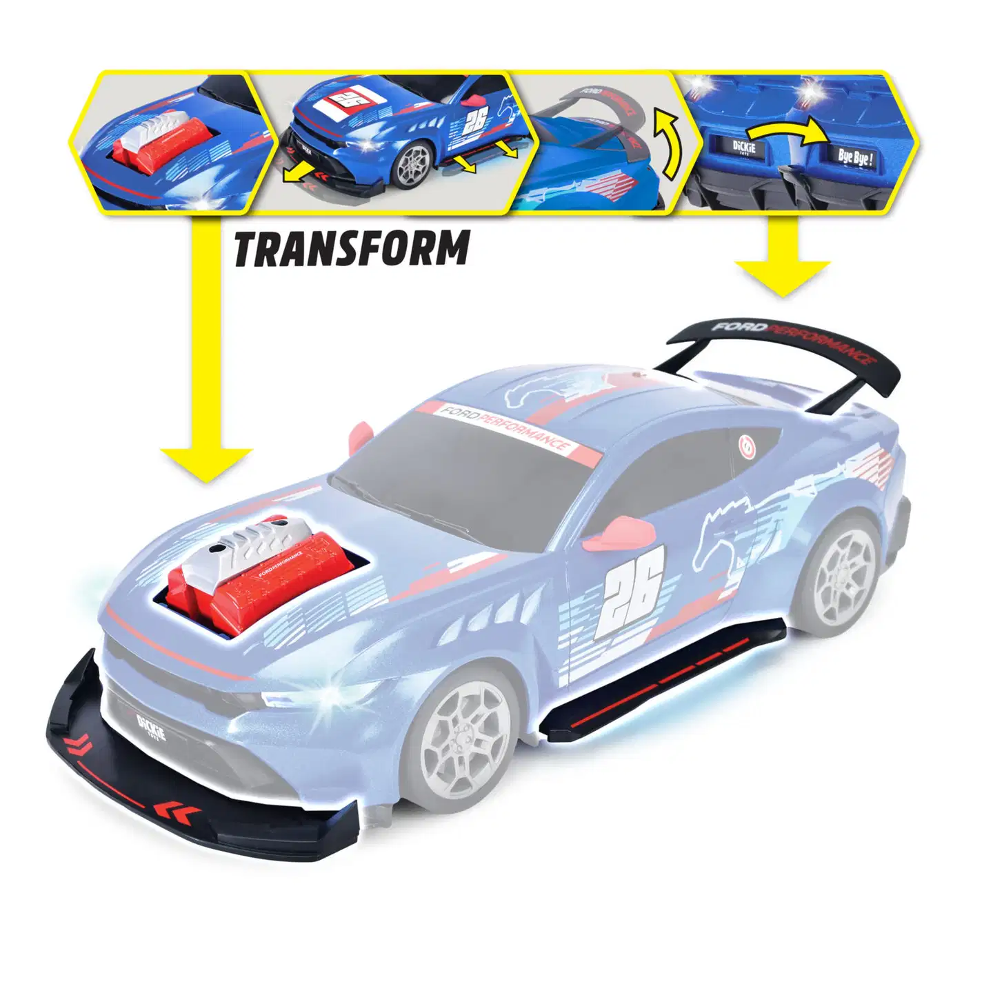Dickie Toys - RC Ford Mustang Customized 1:24, 29 cm, Try Me, RTR, radio-ohjattava, 4 kanavainen ohjain, taajuus 2,4 GHz, USB lataus, valotoiminto - 5