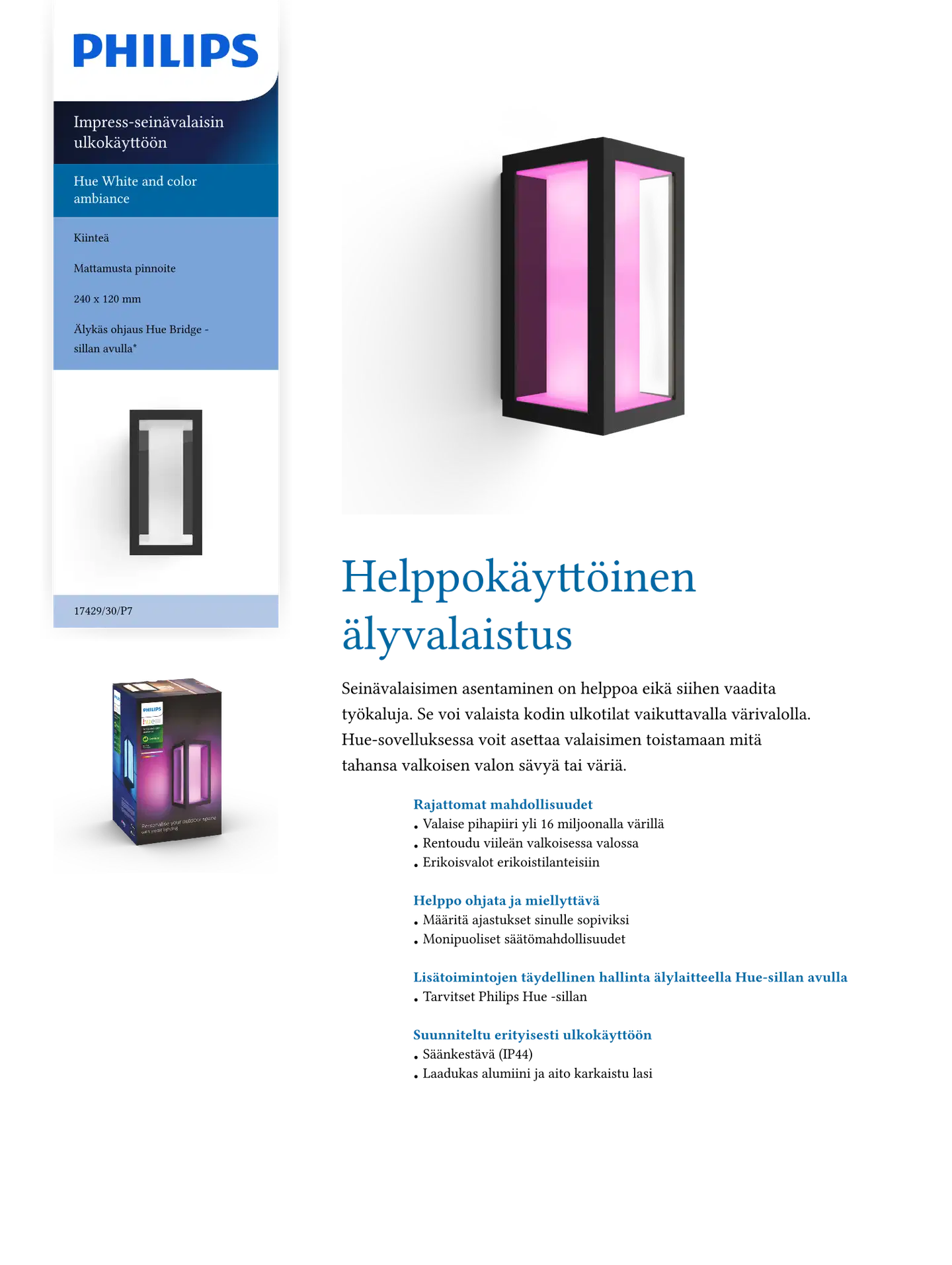 Philips Hue Impress -seinävalaisin ulkokäyttöön 16W 2000-6500K 590LM musta - 3