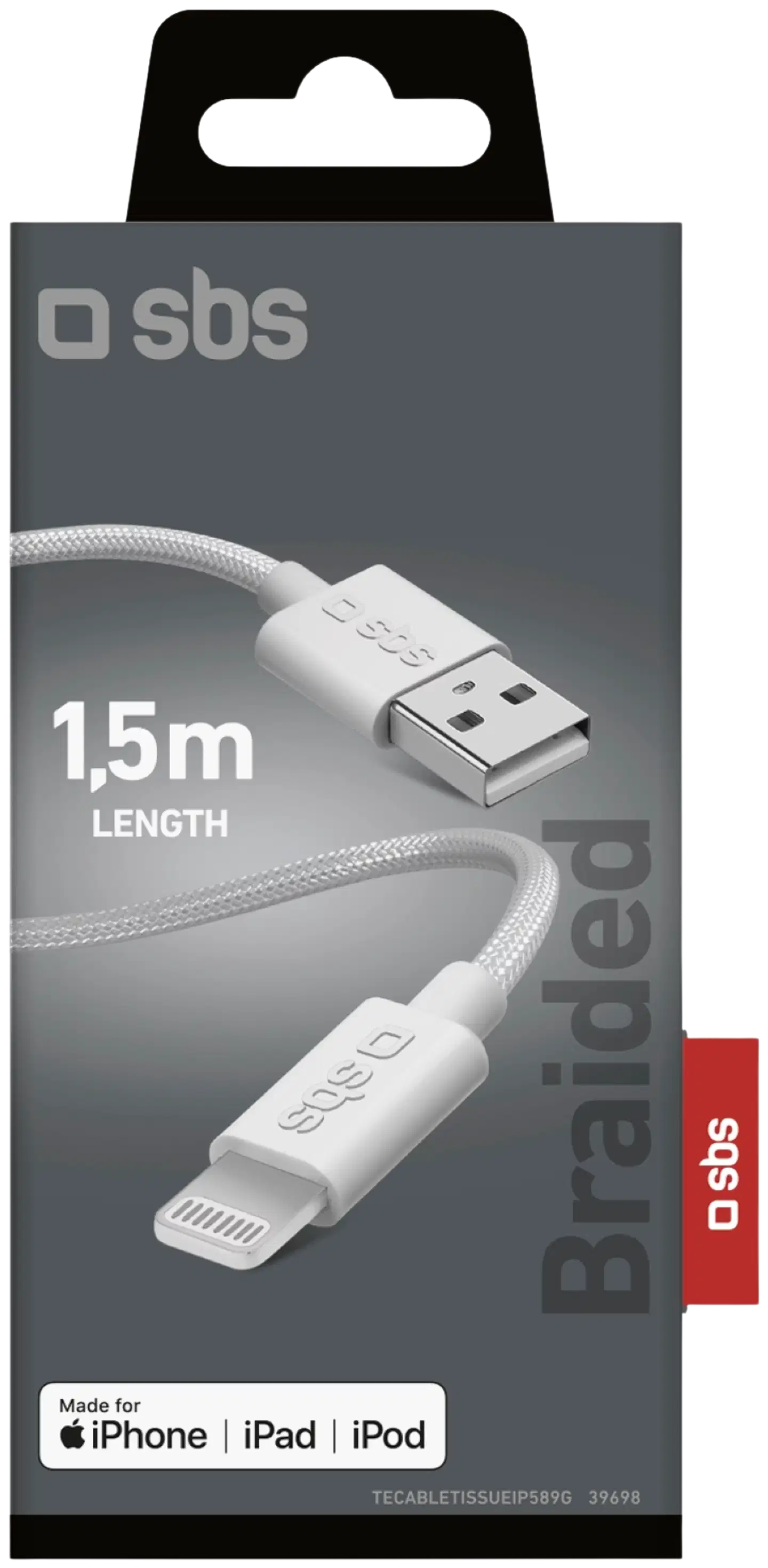SBS latauskaapeli Usb-A To Lightning punottu 1,5 M harmaa - 2