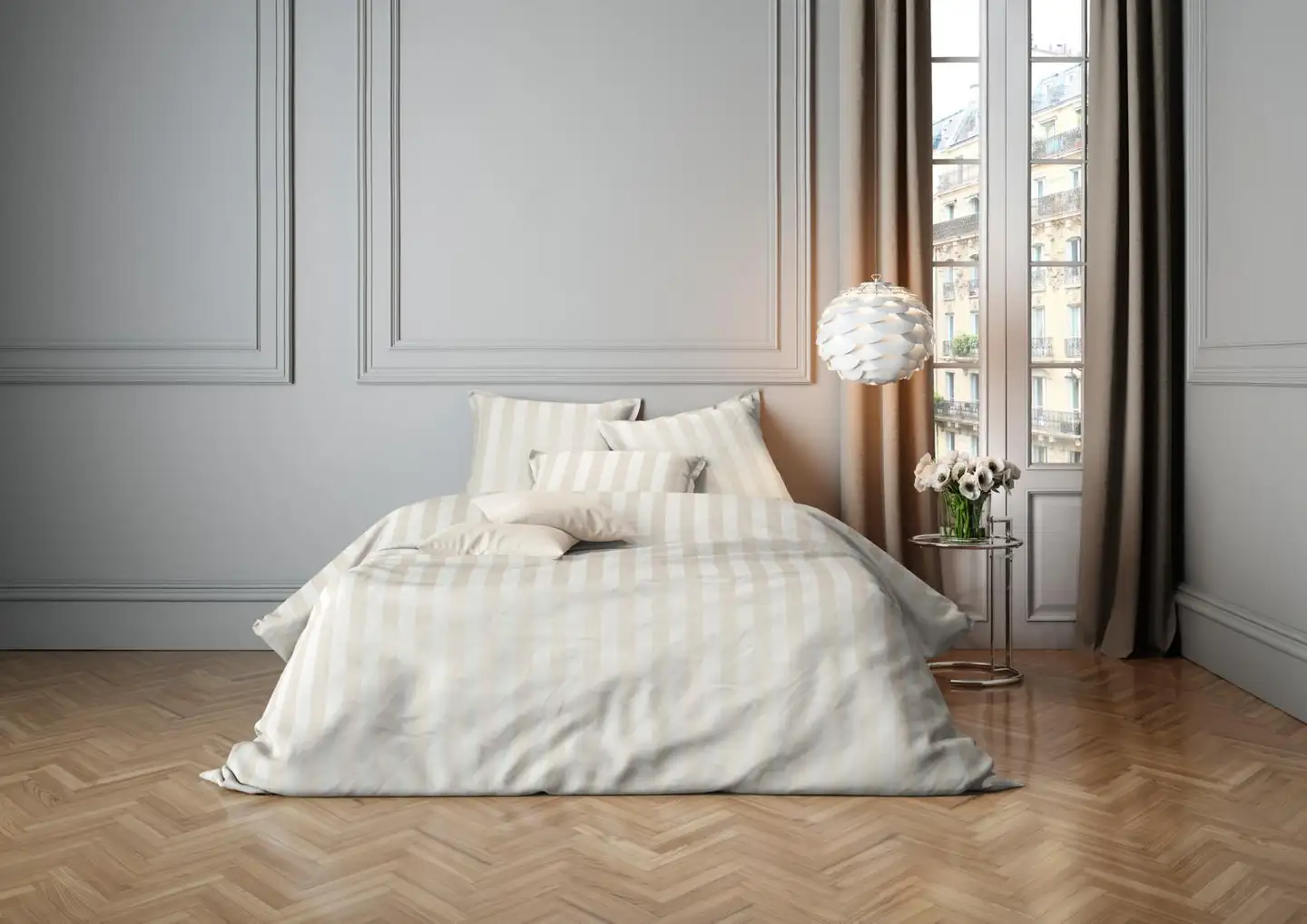 mistral Home pussilakanasetti Satin Stripe 150x210 cm, luonnonvalkoinen - 1