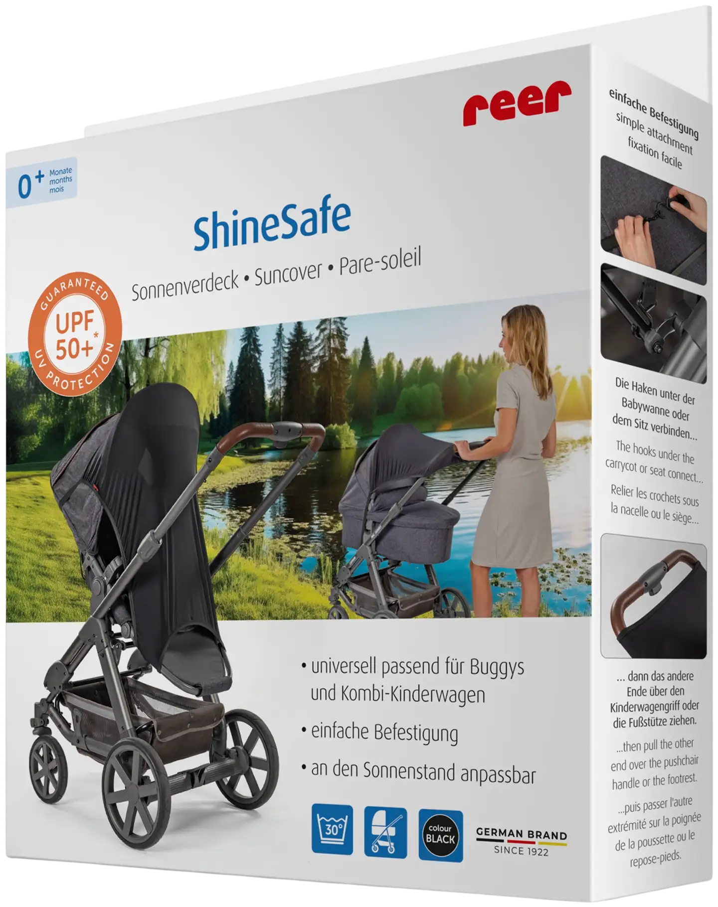 Reer aurinkosuoja rattaille ja turvakaukaloon UPF 50+, musta - 1