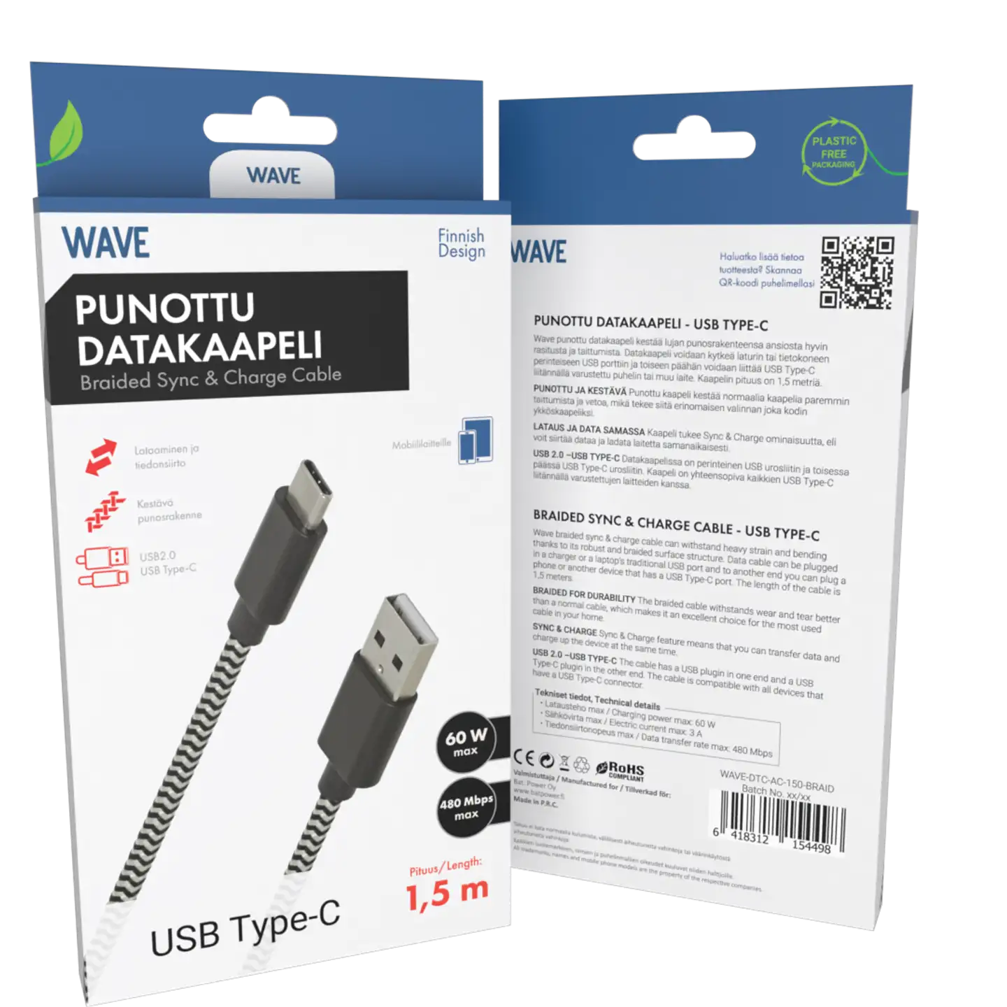 Wave Punottu Datakaapeli, USB Type-C, 1,5m, Mustavalkoinen - 1