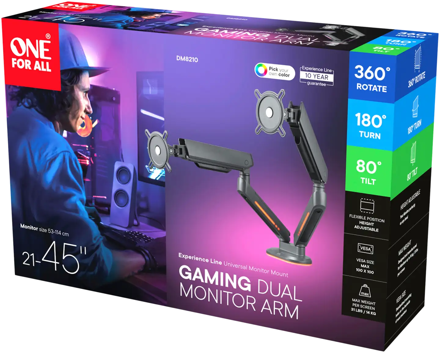 One For All DM8210 RGB Monitorivarsi kahdelle näytölle, musta - 6