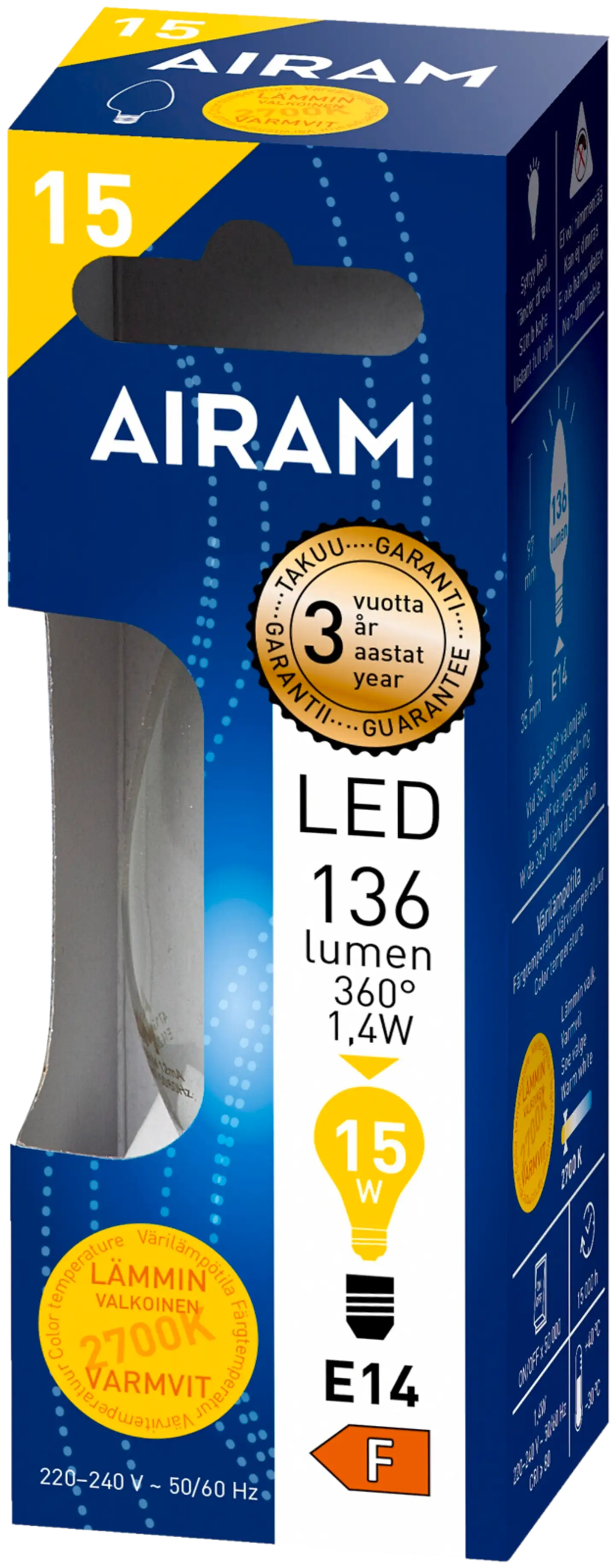 Airam LED kynttilä 1,4W E14 136LM kirkas filamentti - 2