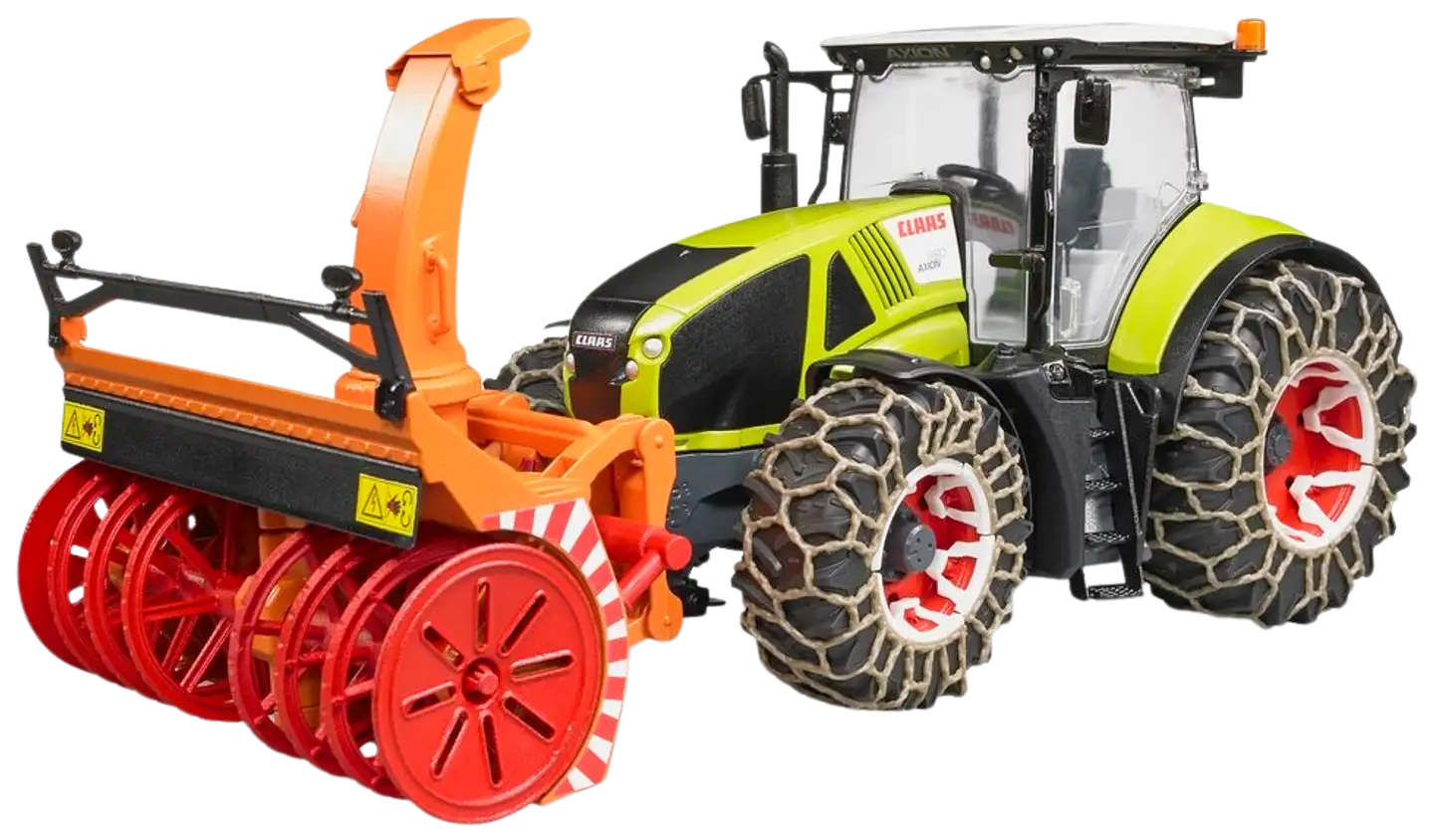 Bruder Claas Axion 950 traktori lumiketjuilla ja lumilingolla