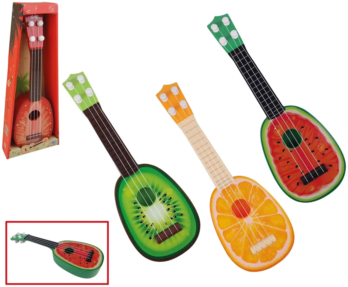 Ukulele hedelmäkuviolla, lajitelma