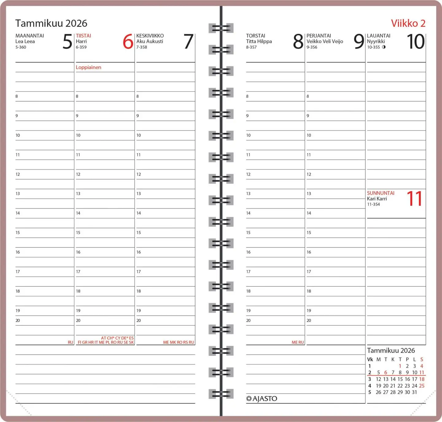 Ajasto taskukalenteri Agenda, ruusukulta - 2