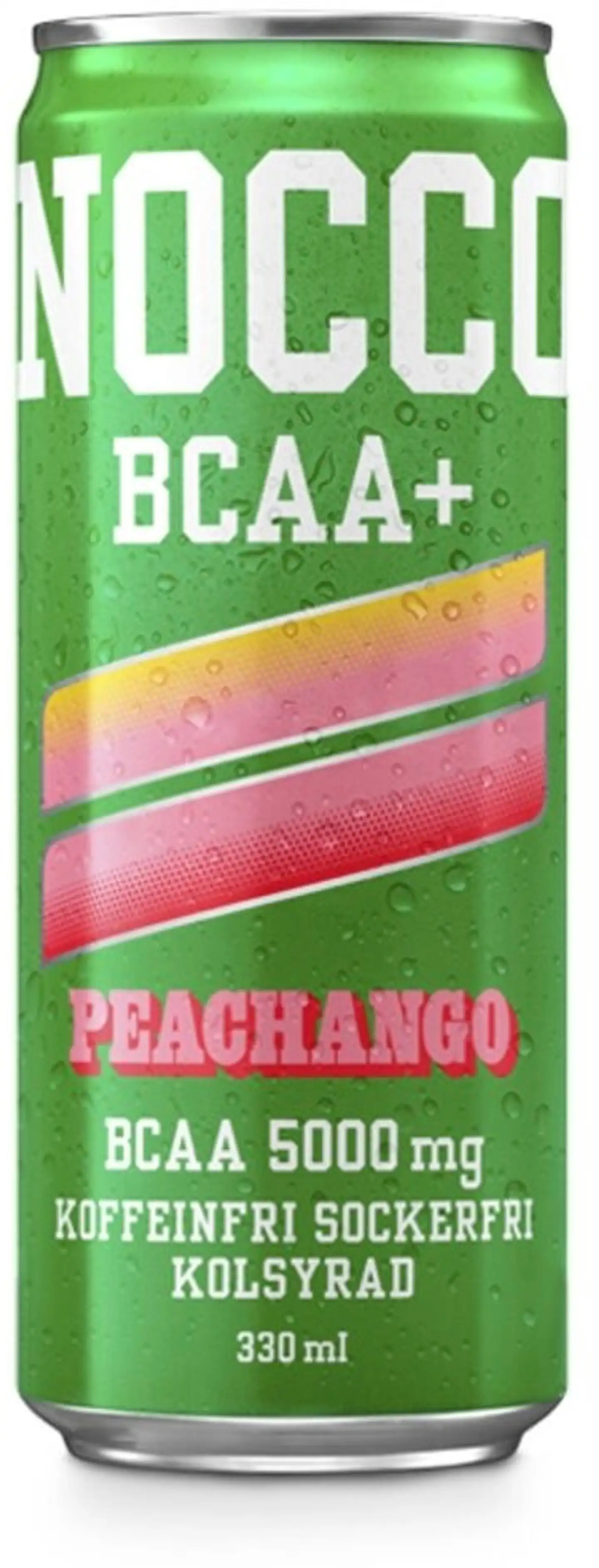 NOCCO BCAA+ Peachango Persikan ja omenan makuinen, aminohappoja ja vitamiineja sisältävä kofeiiniton hiilihapotettu urheilujuoma 330ml