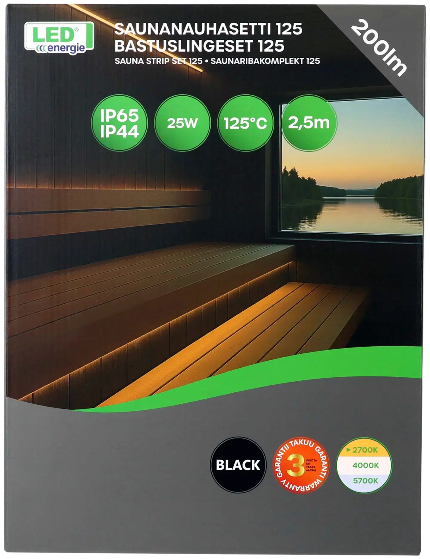 Led Energie Saunanauhasetti 125 musta 2,5m 2700K 10W/m IP44/IP65  200lm himmennettävä - 2
