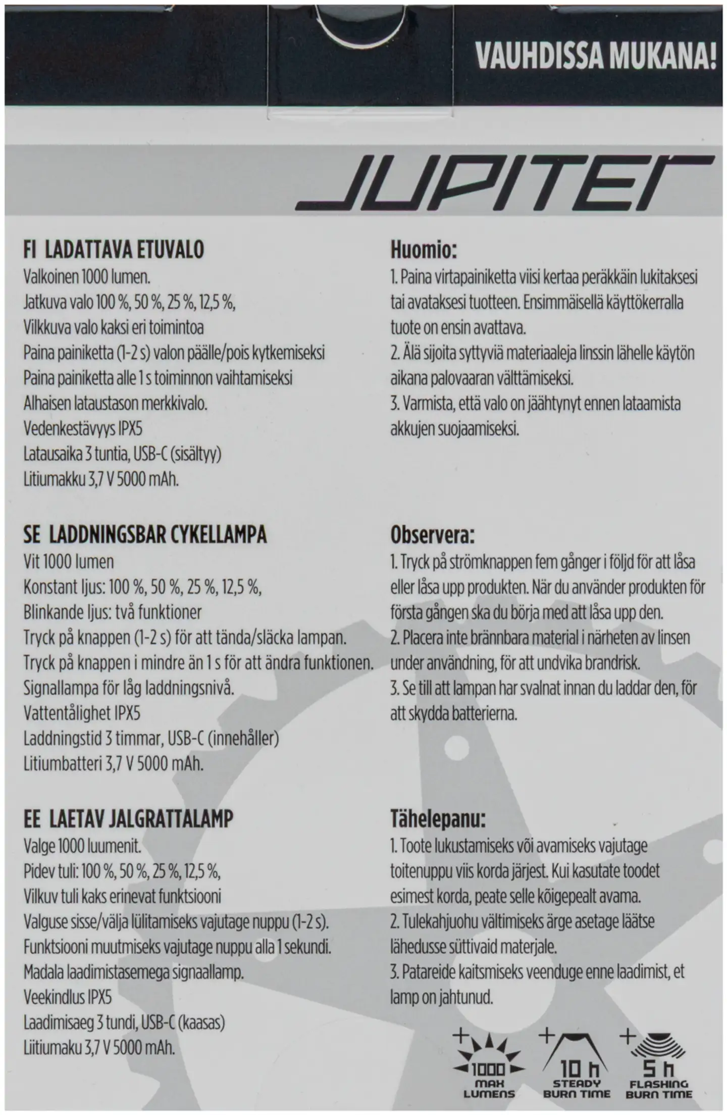 Jupiter pyörän etuvalo ladattava 1000 lumen - 2
