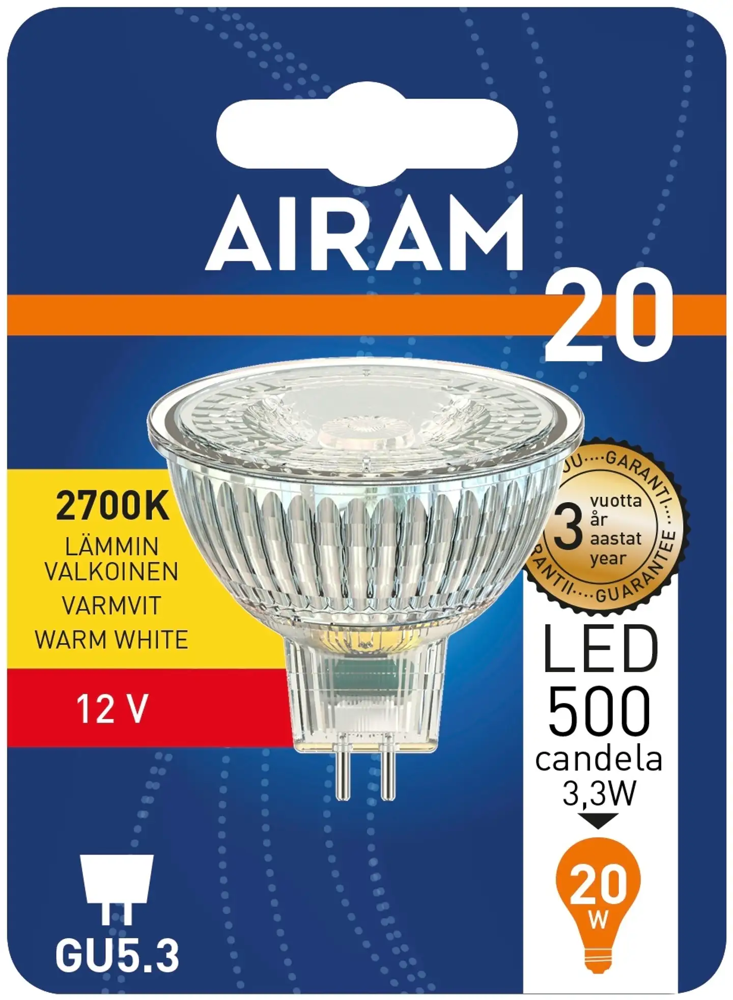 Airam Led kohde MR16 fullglass 3,2 W GU5.3 230 lm/500 cd 2700K 12V, blister - 2