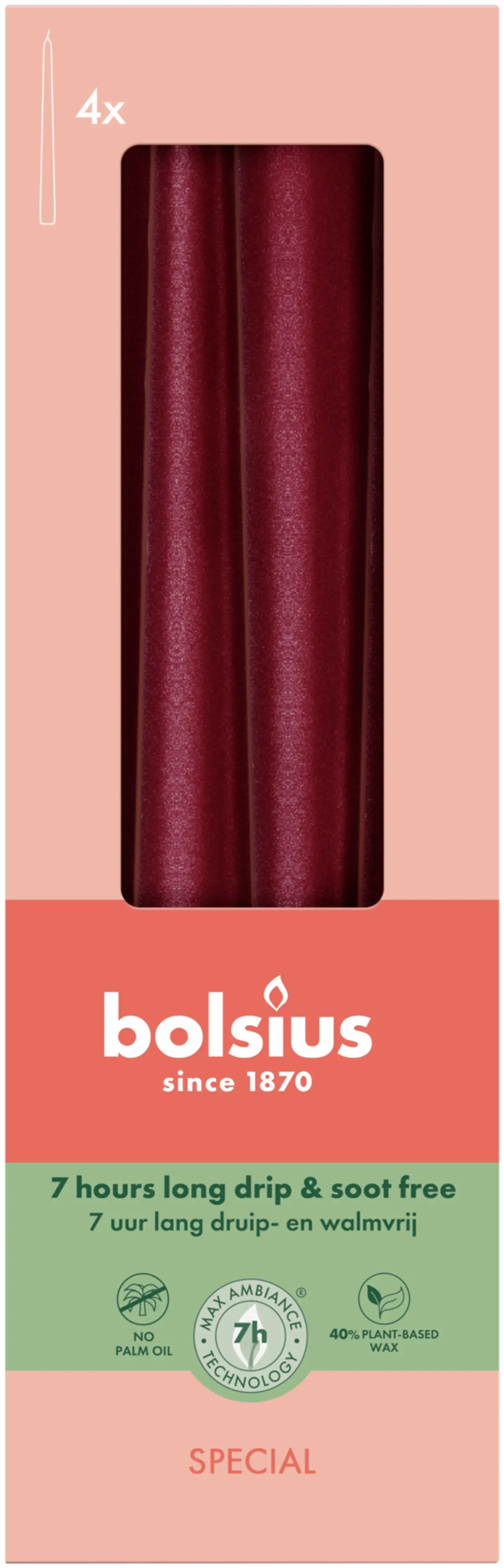 Bolsius - Special Essentials - kruunukynttilä - 24,5cm -  Red Metallic  - 4 kpl/pakkaus