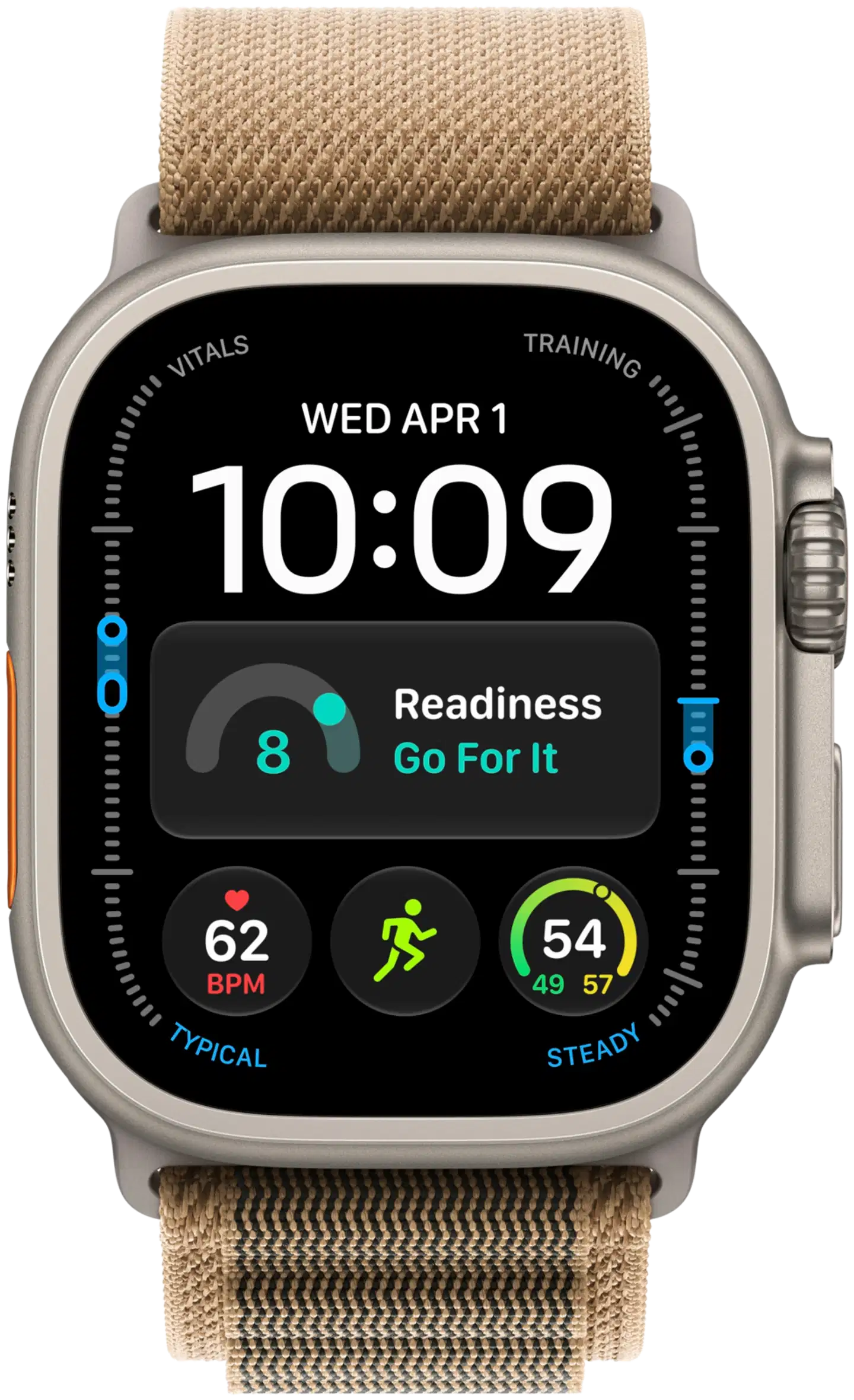 Apple Watch Ultra 4 GPS + Cellular 49 mm:n luonnontitaanikuori ja aavikonvärinen Alpine Loop -ranneke - M - MJAF4KS/A - 1