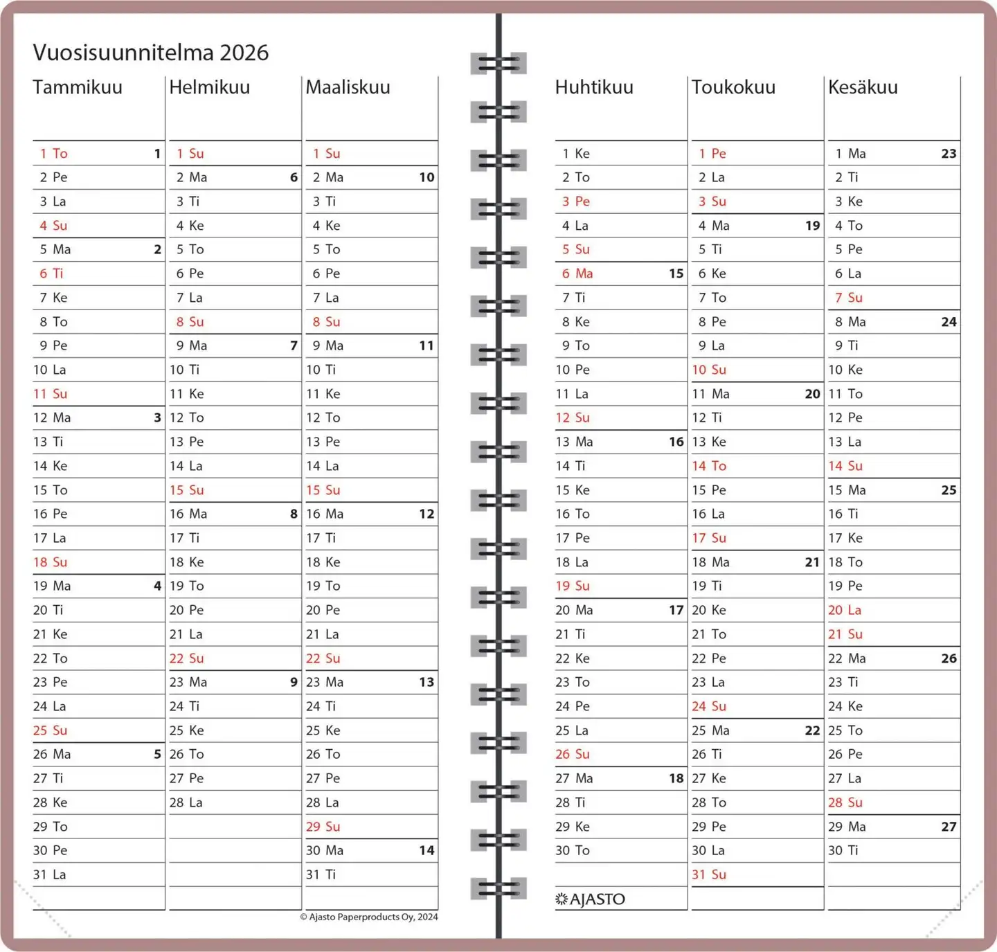 Ajasto taskukalenteri Agenda, ruusukulta - 3