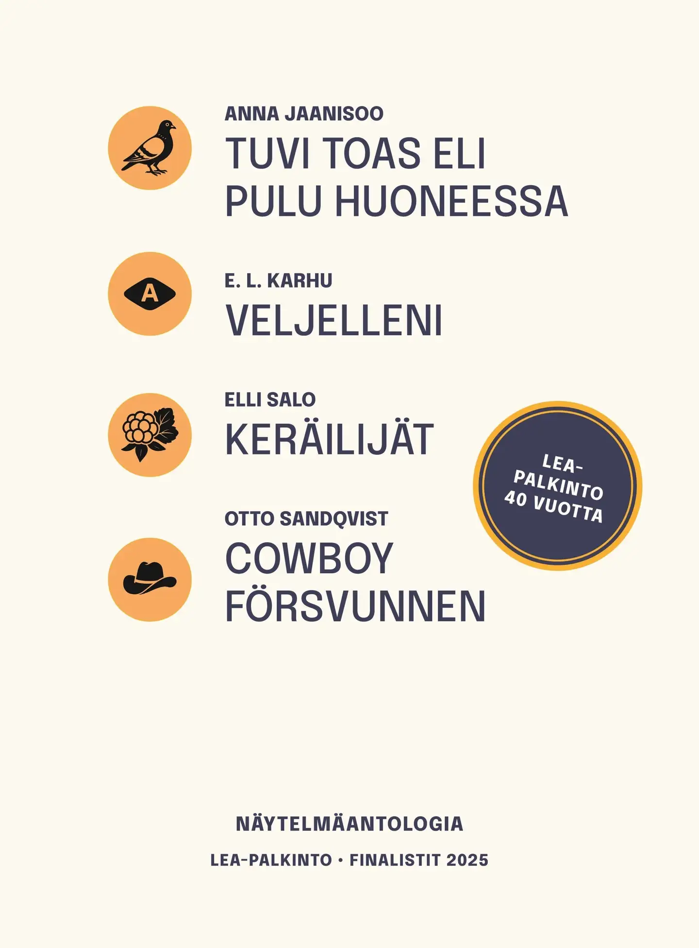 Jaanisoo, Lea-palkinto Näytelmäantologia - Finalistit 2025 - Tuvi toas eli pulu huoneessa : Veljelleni : Keräilijät : Cowboy försvunnen