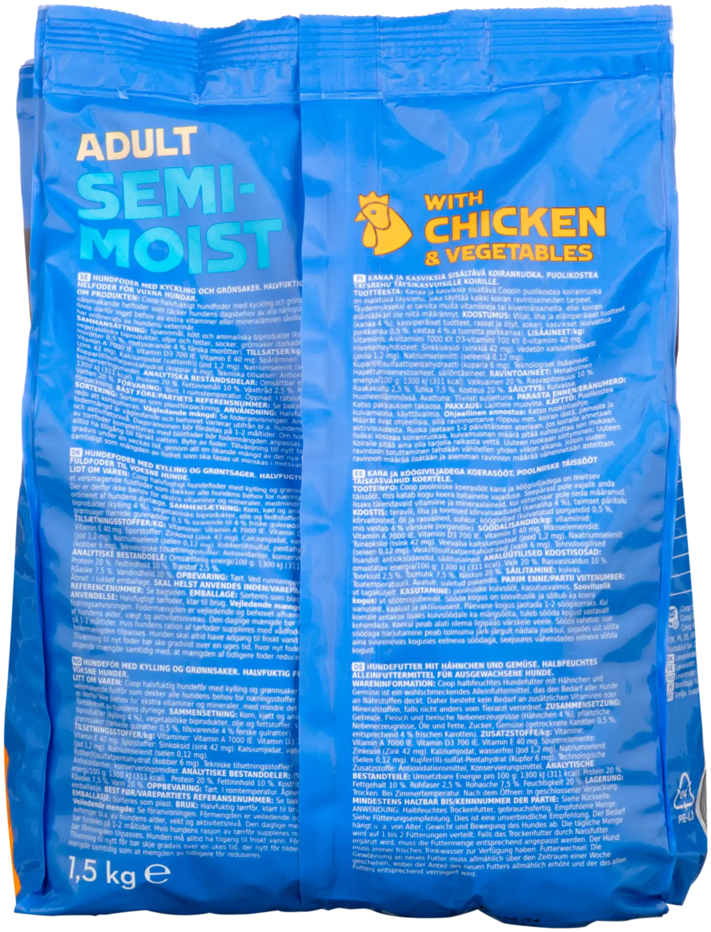 Coop puolikostea ruoka sis. kanaa ja kasviksia täysikasvuisille koirille täysrehu 1,5 kg - 3