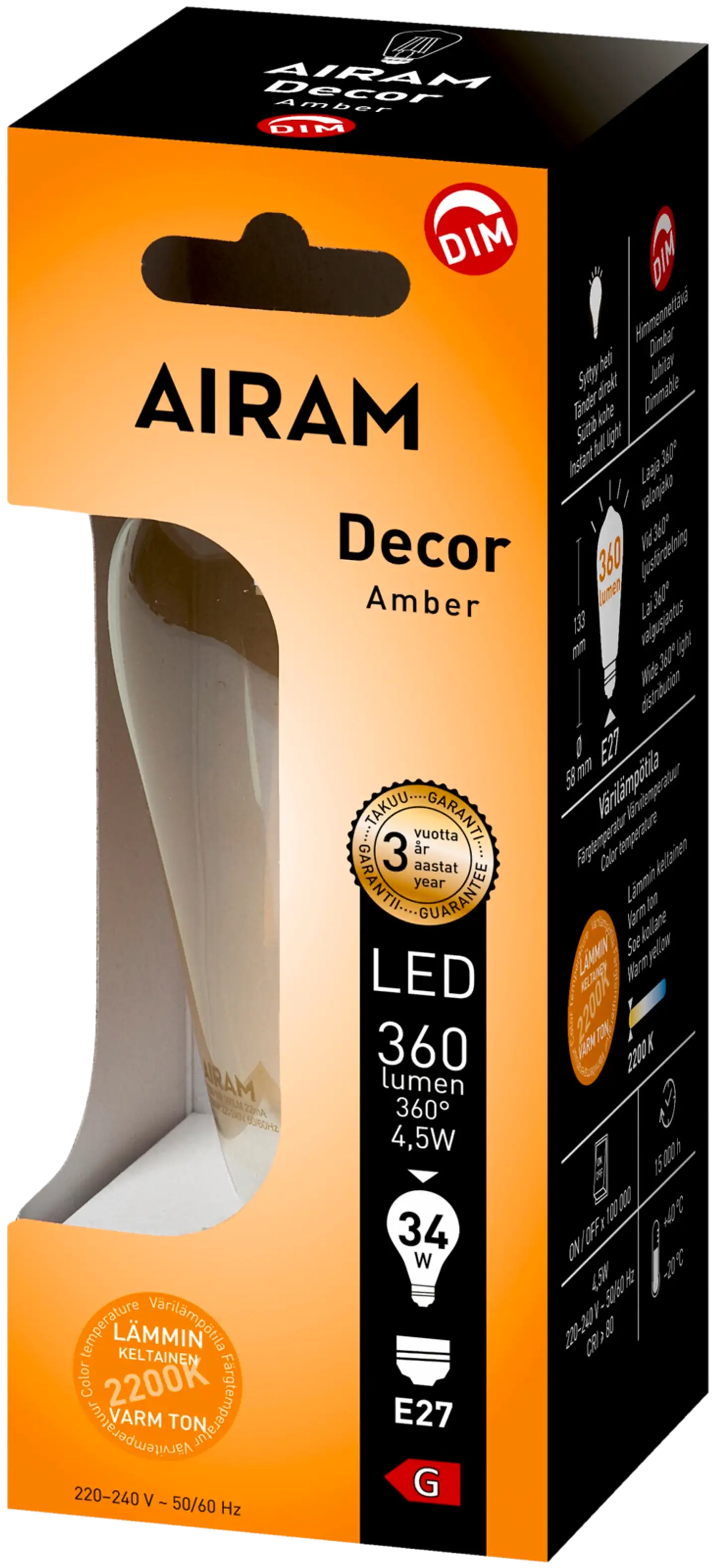 Airam LED AMBER antiikki Edison 5W 380lm 2200K E27 kirkas himmennettävä - 2