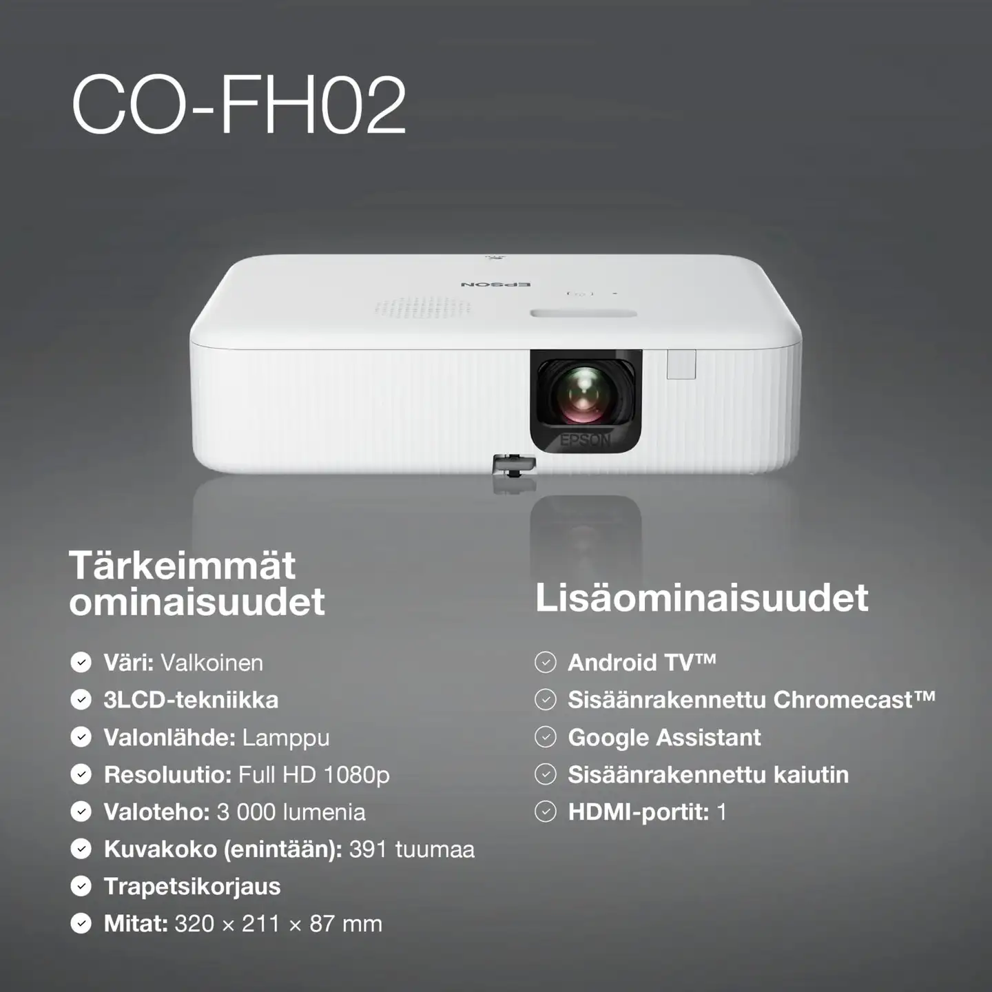 Epson FullHD 3LCD projektori CO-FH02 valkoinen - 3