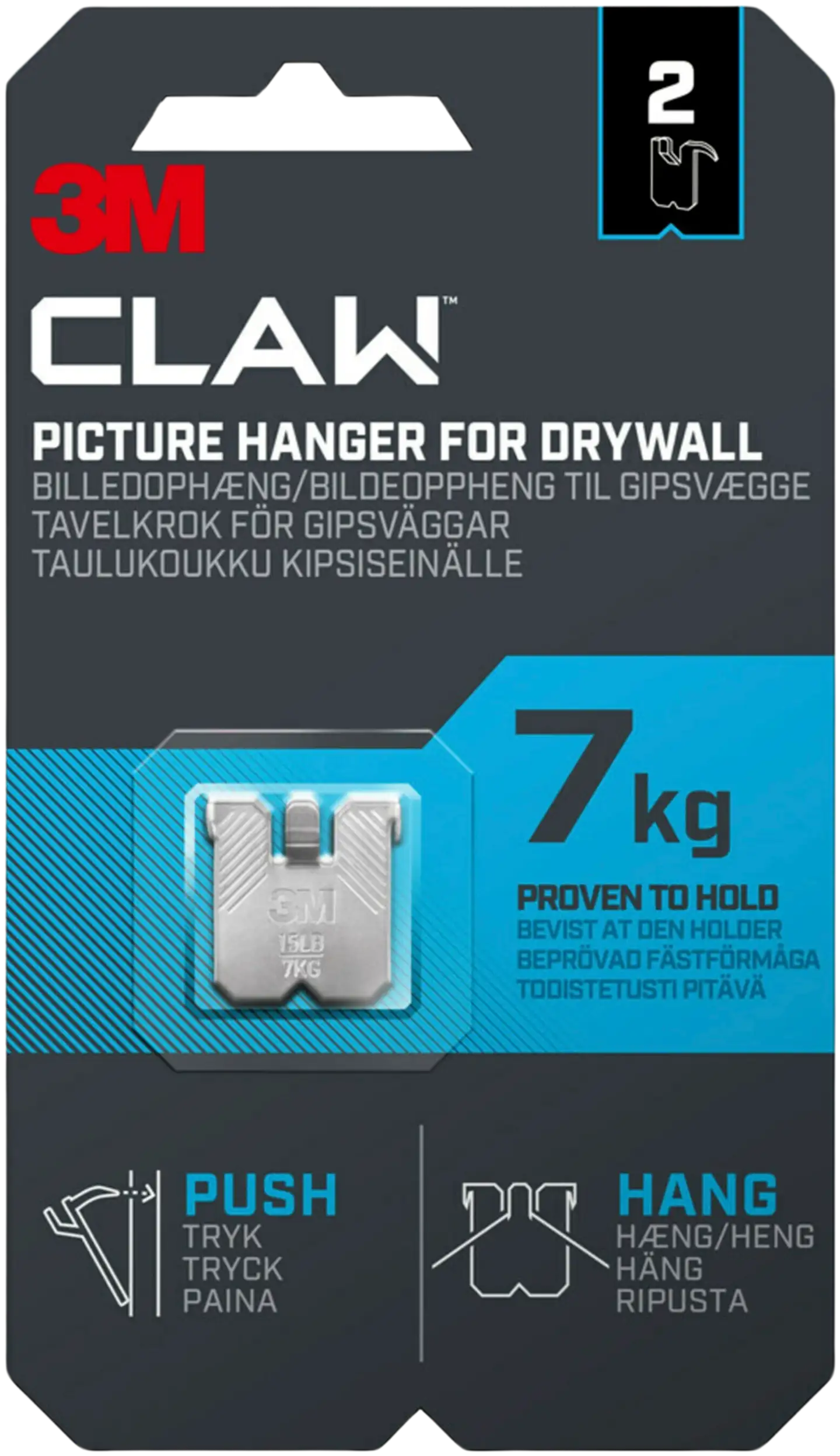 3M CLAW™-taulukoukku kipsilevylle, 7 kg 3PH7-2UKN, 2 ripustuskoukkua - 1