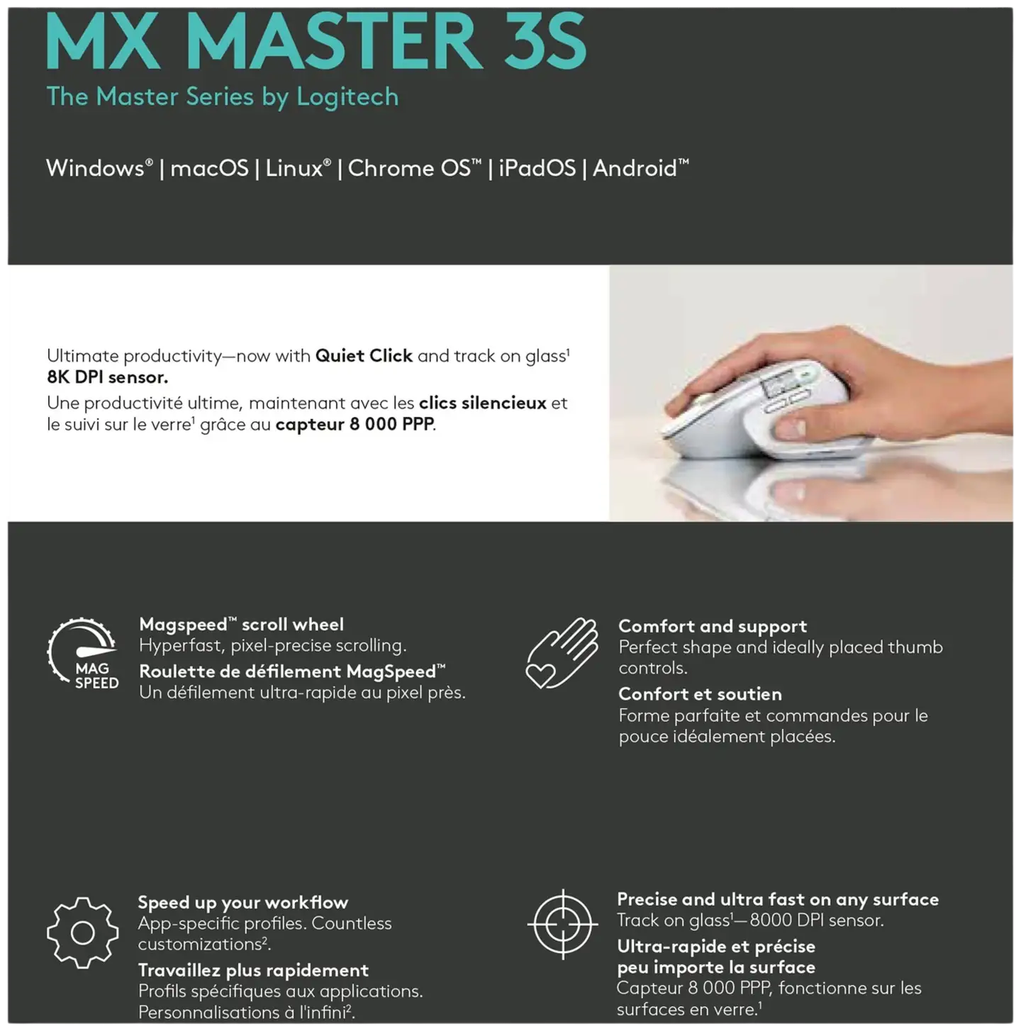 LOGITECH MX Master 3S Performance Wireless Mouse - PALE GREY - 10