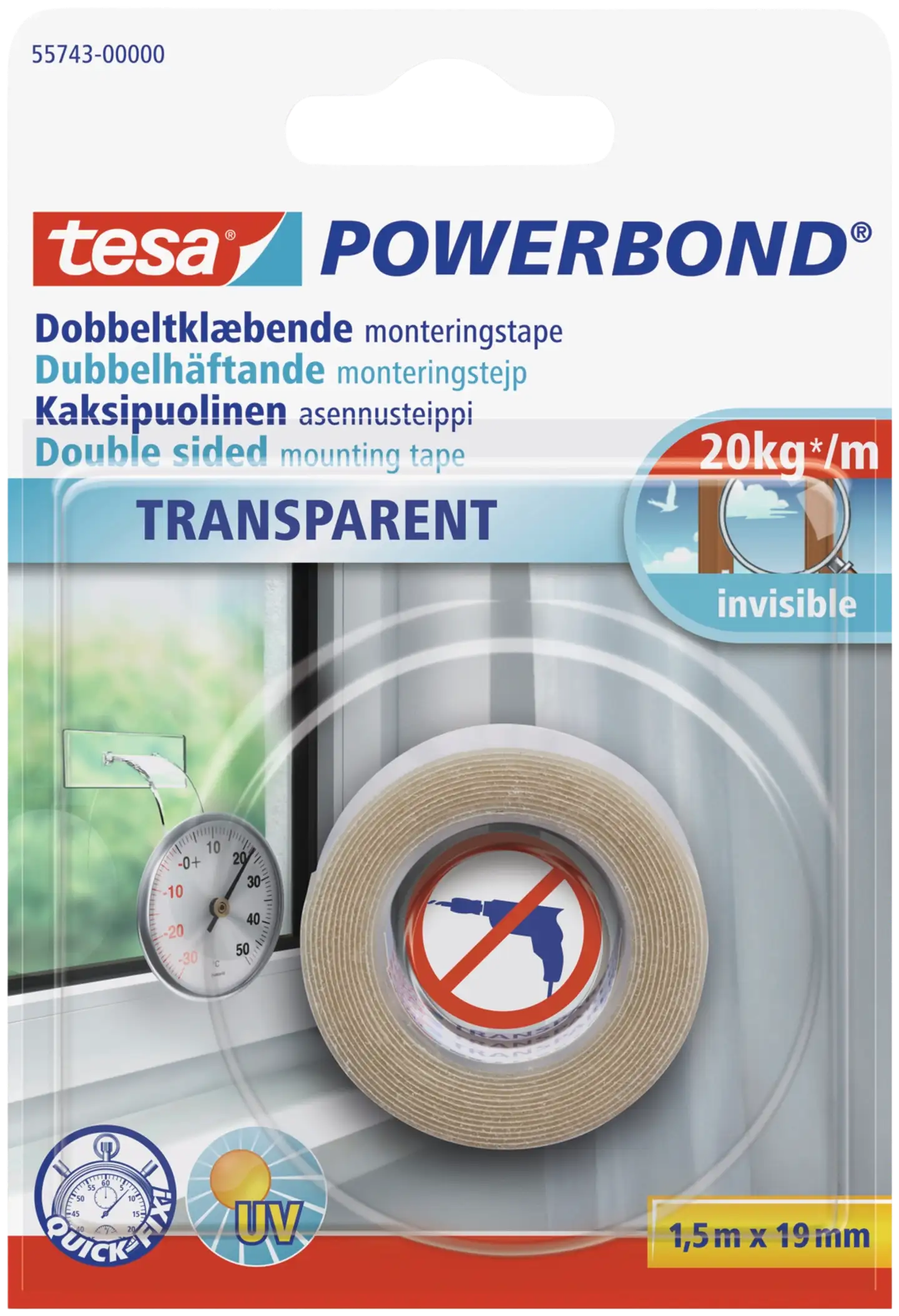 Tesa kaksipuolinen asennusteippi Powerbond 1,5m x 19mm läpinäkyvä