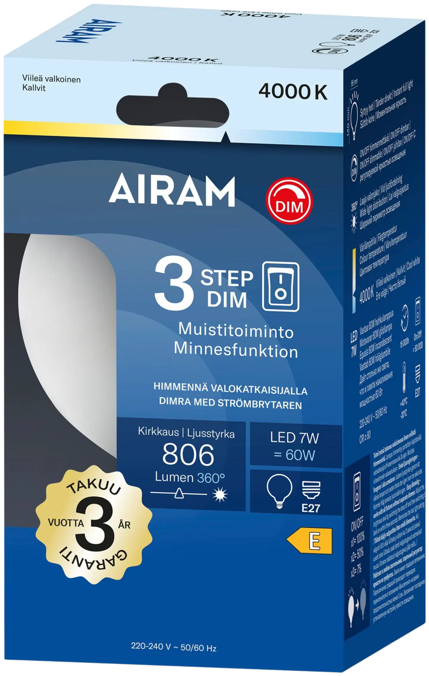 Airam LED Otso 3-step opaali 360° globe-95 E27 4000K 806lm - 2