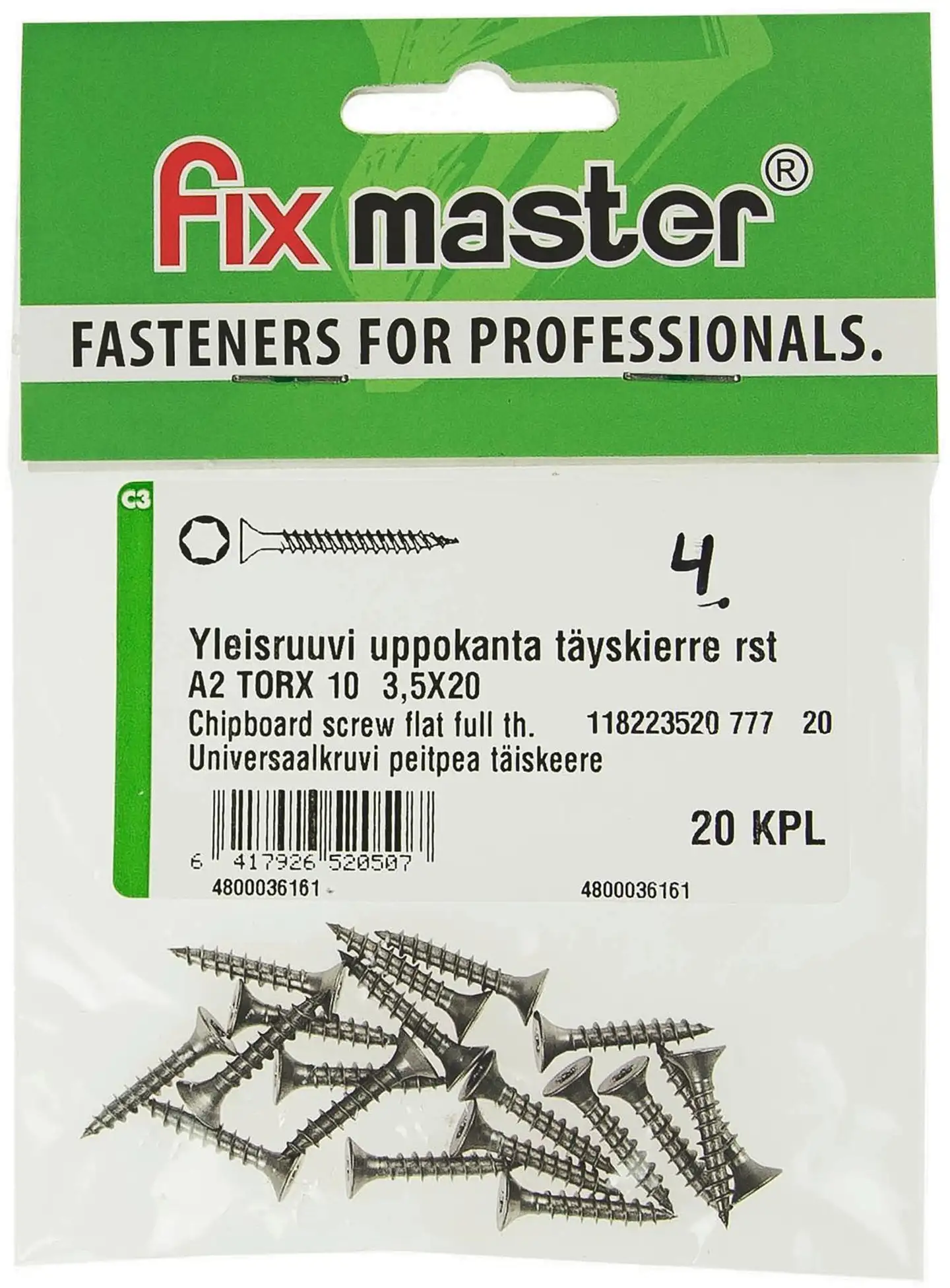 Fix Master yleisruuvi uppokanta täyskierre A2 torx10 3,5X20 20kpl