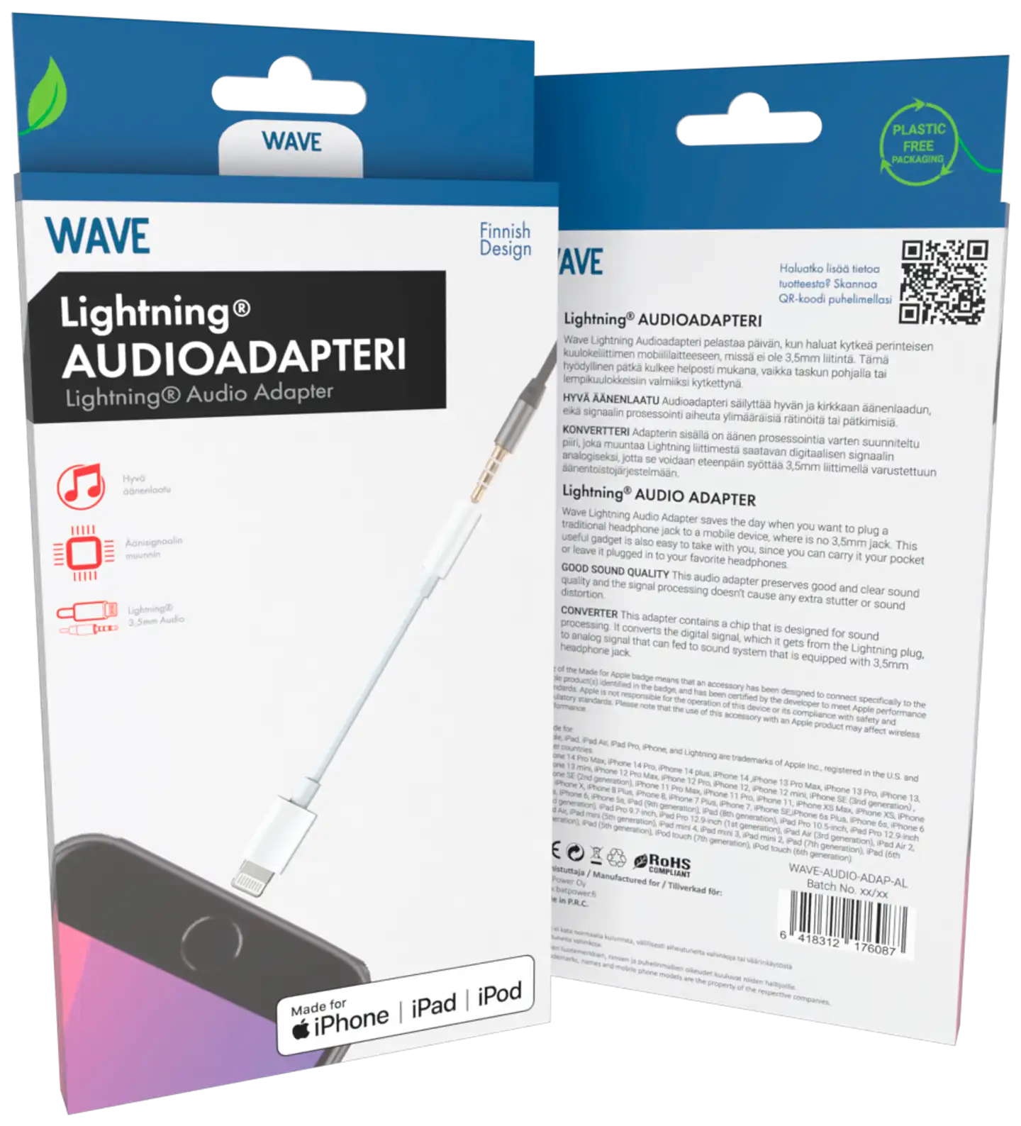 Wave Apple Lightning (MFI) audioadapteri, Valkoinen - 3