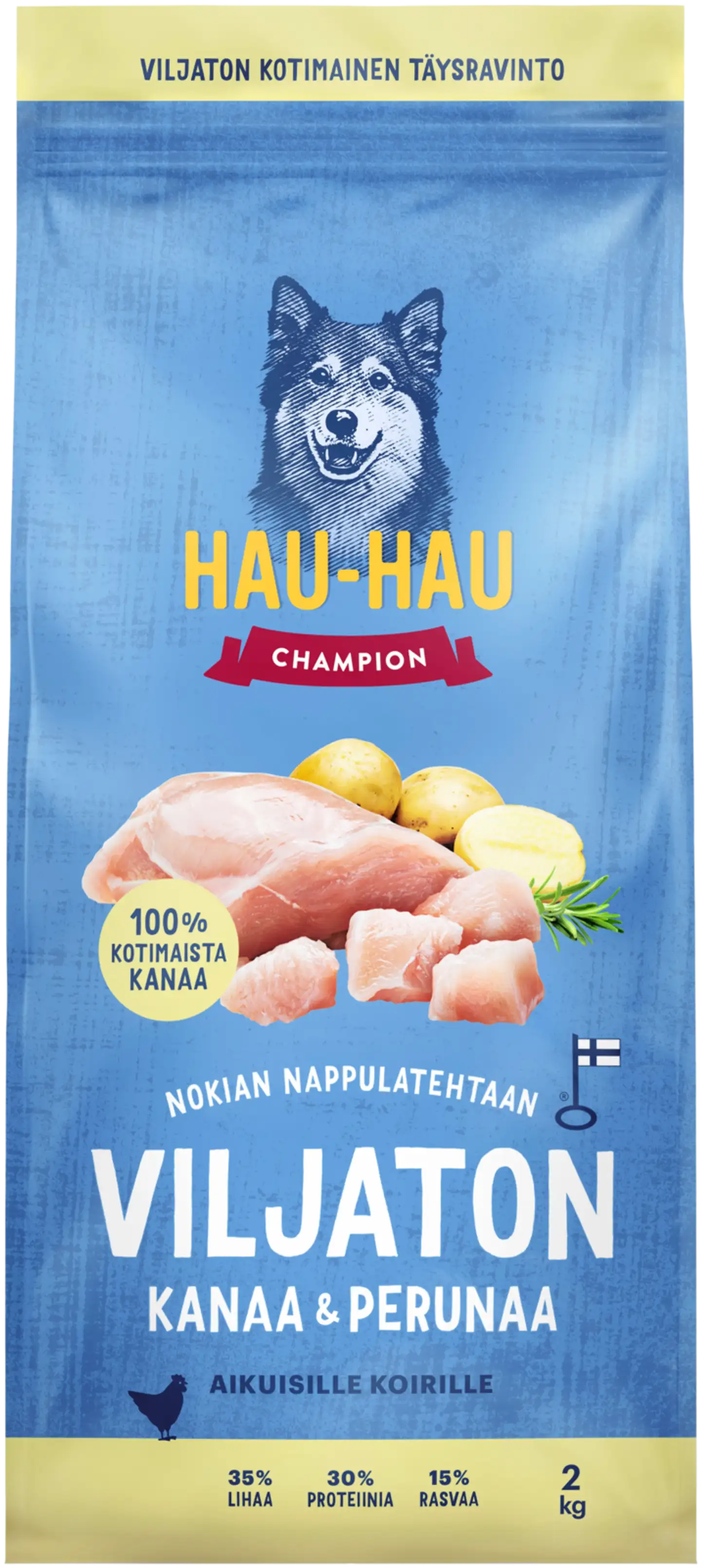 Hau-Hau Champion Nokian Nappulatehtaan Viljaton kanaa ja perunaa täysravinto aikuisille koirille 2 kg